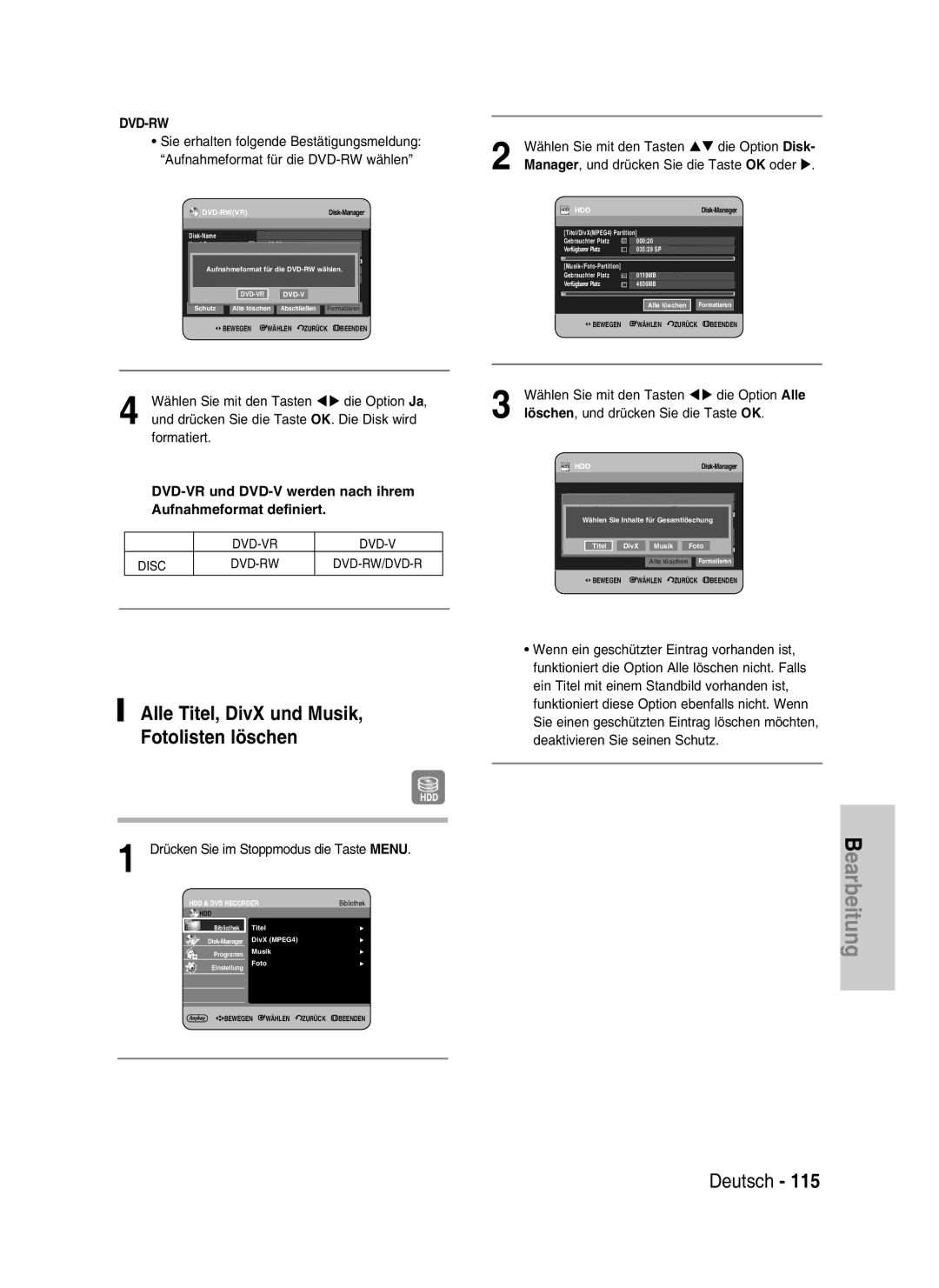 Samsung DVD-HR730/XEG, DVD-HR730/XEC, DVD-HR730/XEB manual Alle Titel, DivX und Musik Fotolisten löschen, DVD-VR Disc DVD-RW 