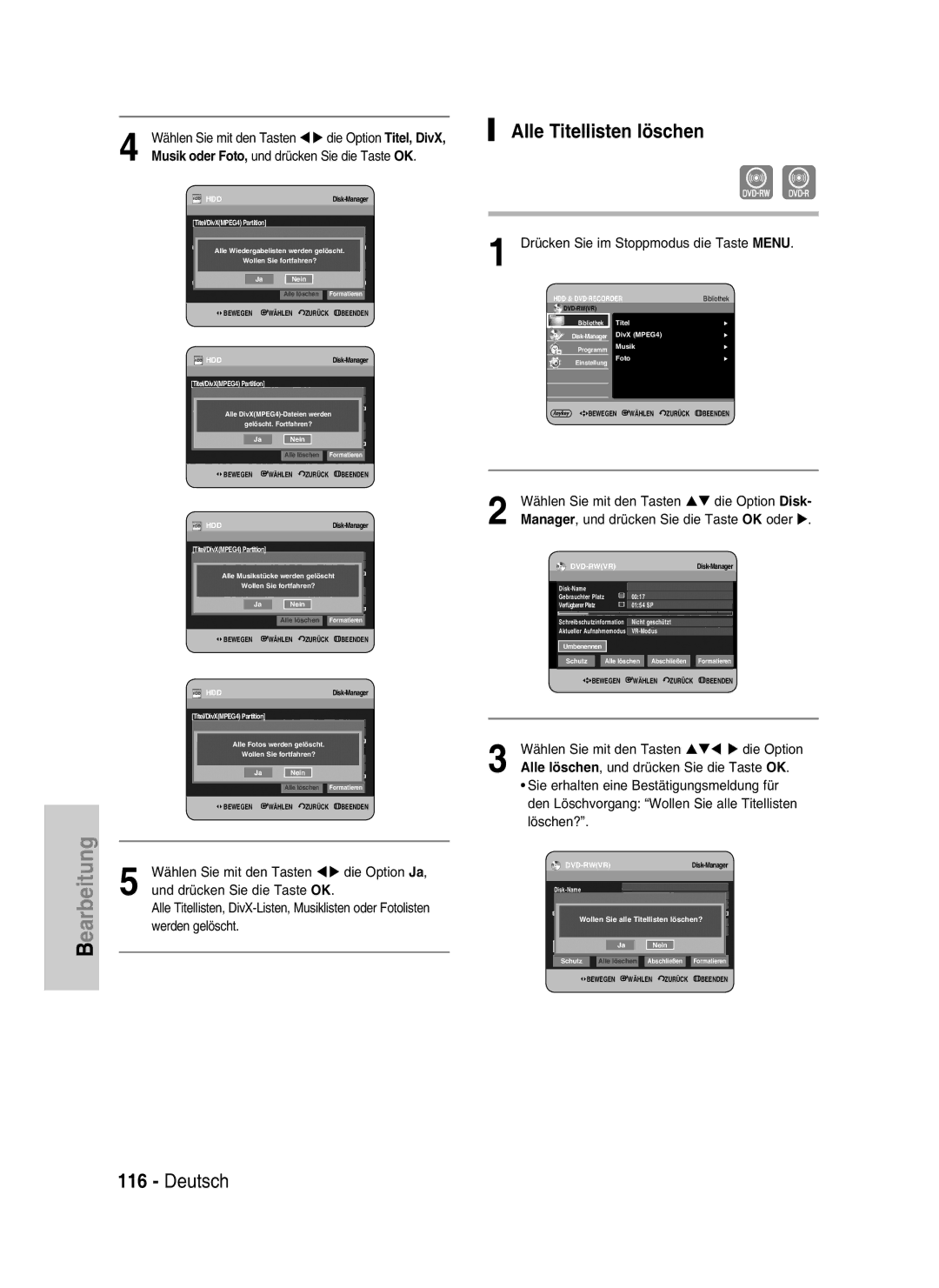 Samsung DVD-HR730/XEC, DVD-HR730/XEB, DVD-HR734/XEG, DVD-HR730/XEG manual Alle Titellisten löschen 