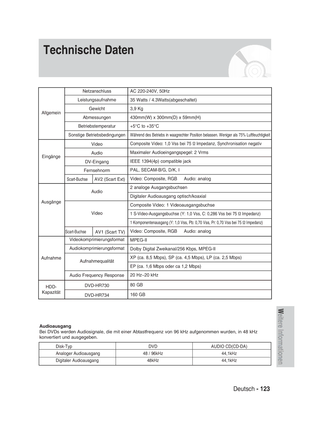 Samsung DVD-HR730/XEG, DVD-HR730/XEC, DVD-HR730/XEB, DVD-HR734/XEG manual Audioausgang 