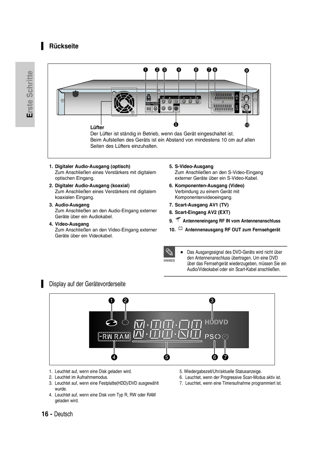 Samsung DVD-HR730/XEC manual Rückseite, Digitaler Audio-Ausgang optisch, Digitaler Audio-Ausgang koaxial, Video-Ausgang 