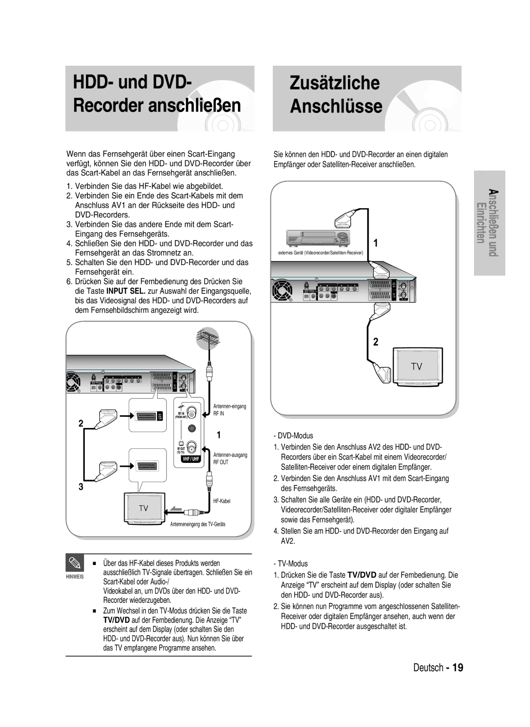 Samsung DVD-HR730/XEG, DVD-HR730/XEC manual Recorder anschließen, Scart-Kabel oder Audio, Recorder wiederzugeben, DVD-Modus 