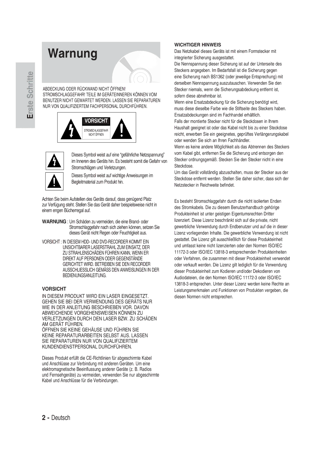 Samsung DVD-HR734/XEG, DVD-HR730/XEC, DVD-HR730/XEB, DVD-HR730/XEG manual Erste Schritte, Begleitmaterial zum Produkt hin 