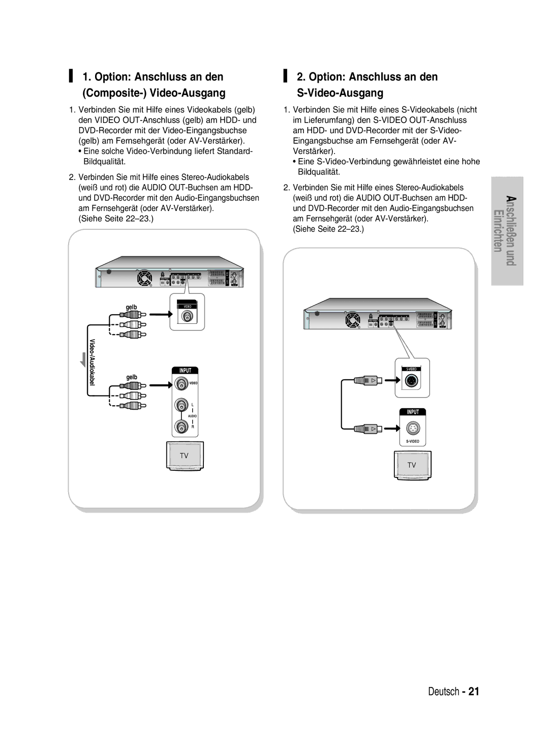 Samsung DVD-HR730/XEB manual Option Anschluss an den S-Video-Ausgang, Option Anschluss an den Composite- Video-Ausgang 