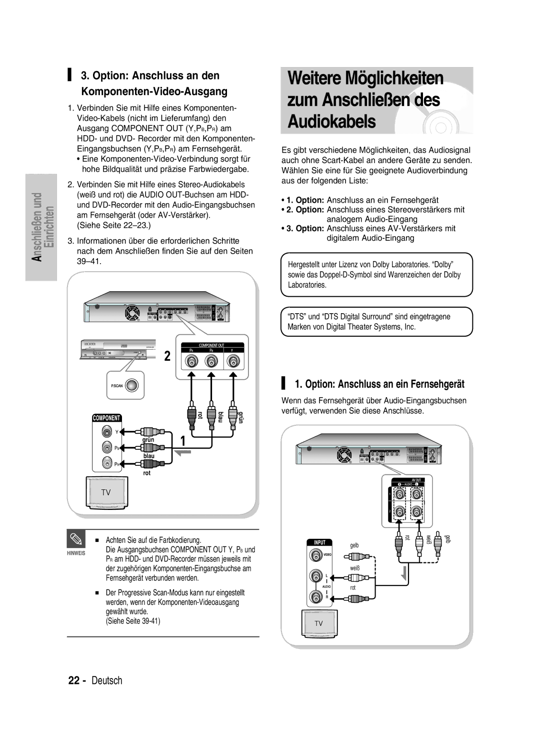 Samsung DVD-HR734/XEG manual Option Anschluss an ein Fernsehgerät, Option Anschluss an den Komponenten-Video-Ausgang 