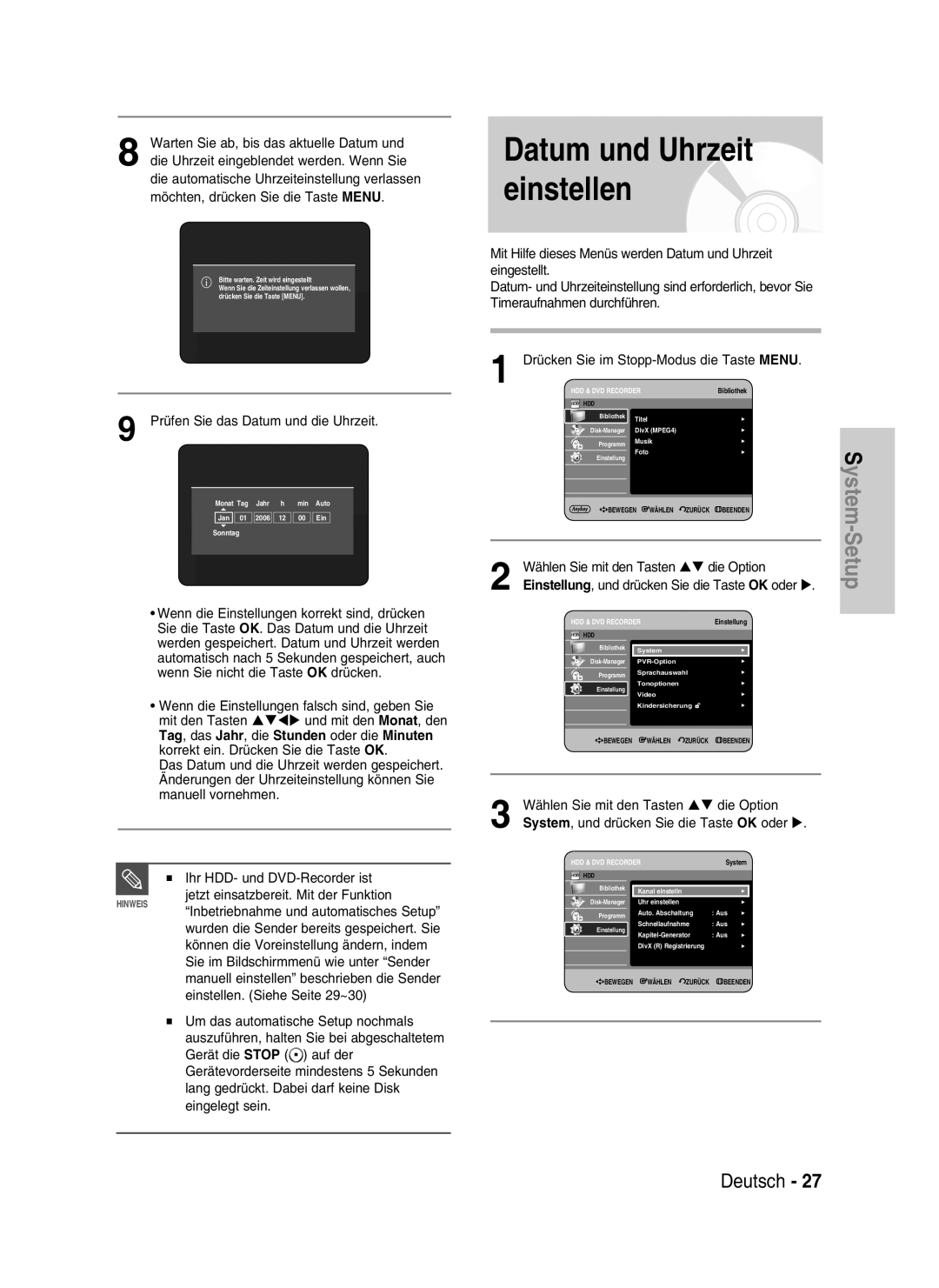 Samsung DVD-HR730/XEG, DVD-HR730/XEC manual Datum und Uhrzeit einstellen, System-Setup, Prüfen Sie das Datum und die Uhrzeit 