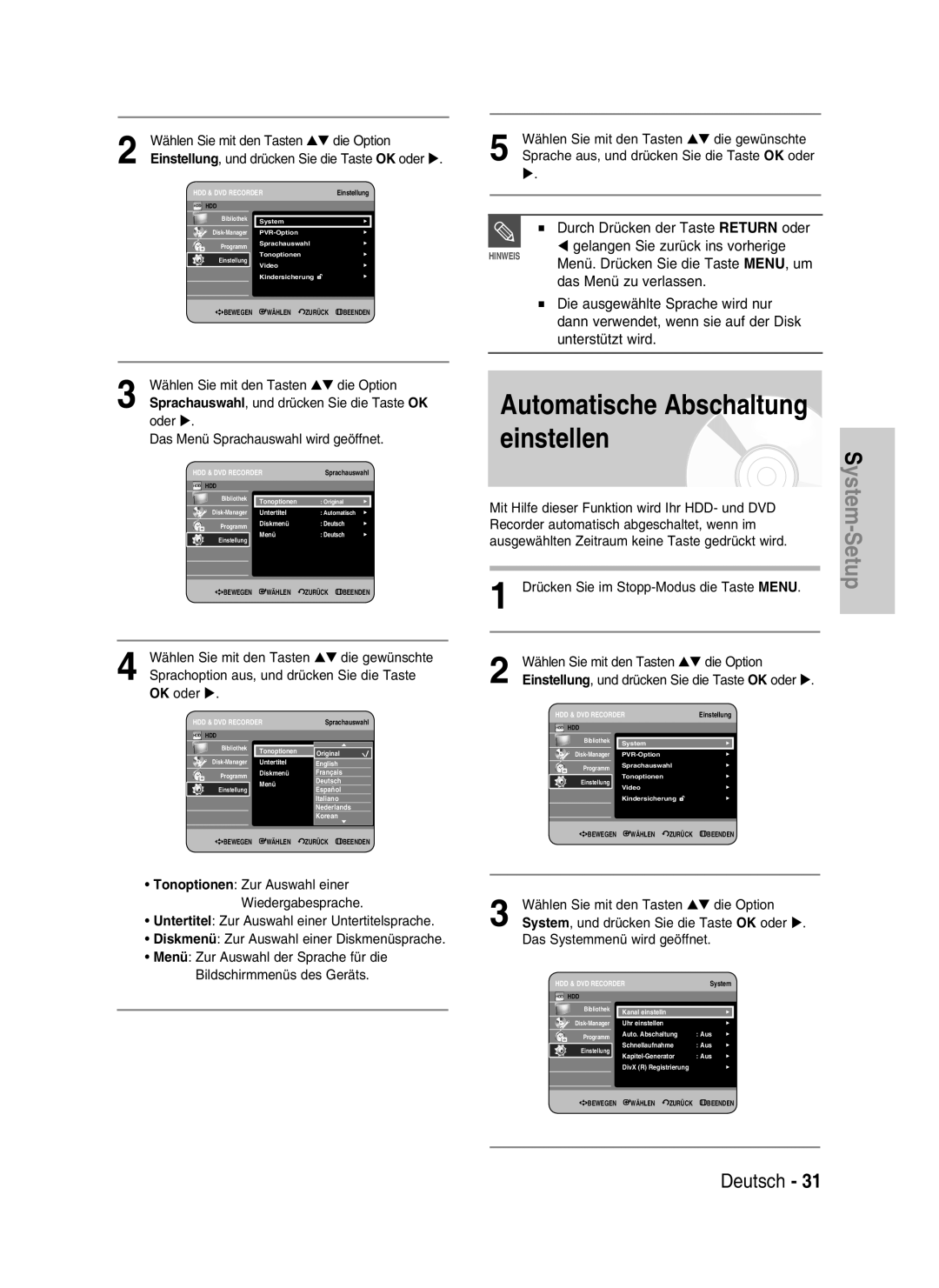 Samsung DVD-HR730/XEG, DVD-HR730/XEC manual Automatische Abschaltung einstellen, Durch Drücken der Taste Return oder 