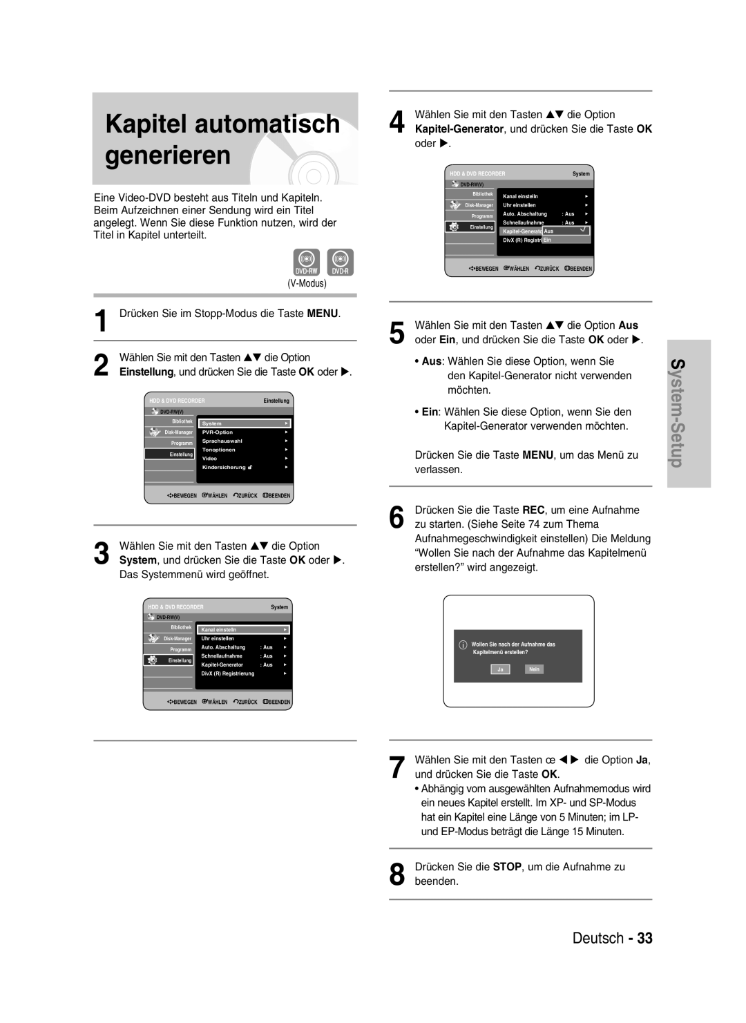 Samsung DVD-HR730/XEB, DVD-HR730/XEC, DVD-HR734/XEG Kapitel automatisch generieren, Den Kapitel-Generator nicht verwenden 