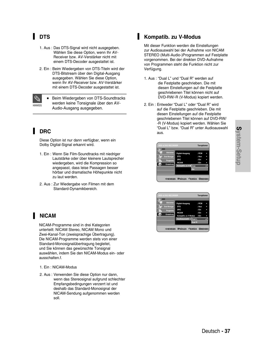 Samsung DVD-HR730/XEB, DVD-HR730/XEC, DVD-HR734/XEG manual Kompatib. zu V-Modus, Beim Wiedergeben von DTS-Soundtracks 