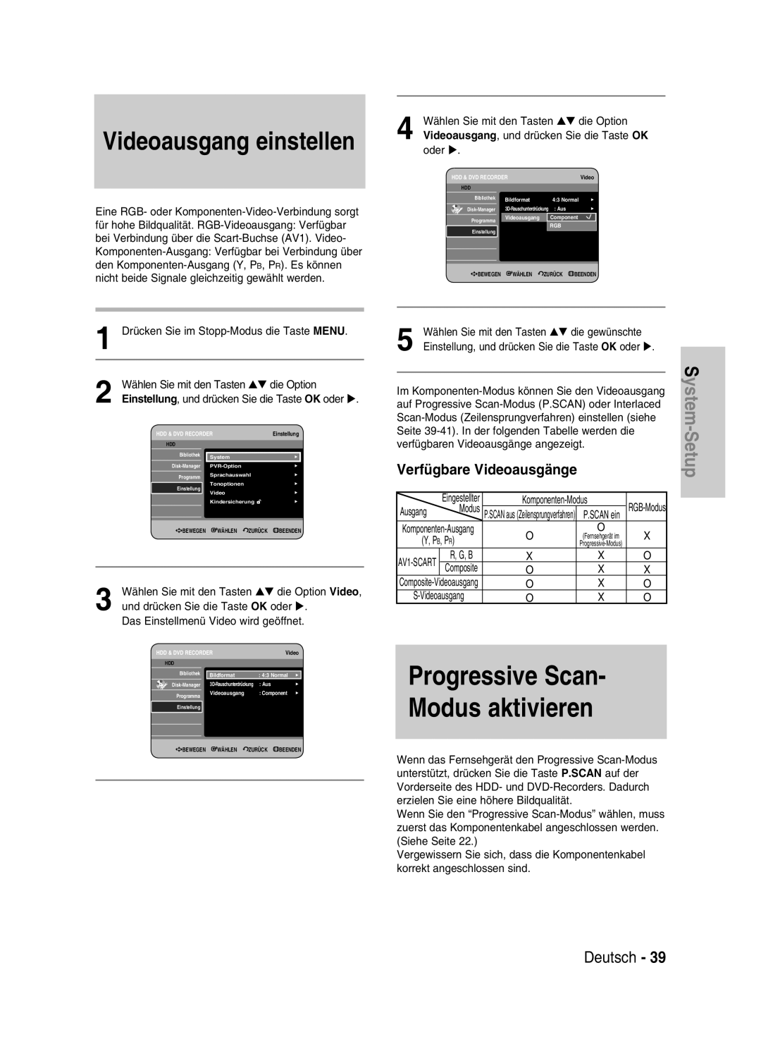 Samsung DVD-HR730/XEG, DVD-HR730/XEC, DVD-HR730/XEB, DVD-HR734/XEG manual Videoausgang einstellen, Verfügbare Videoausgänge 