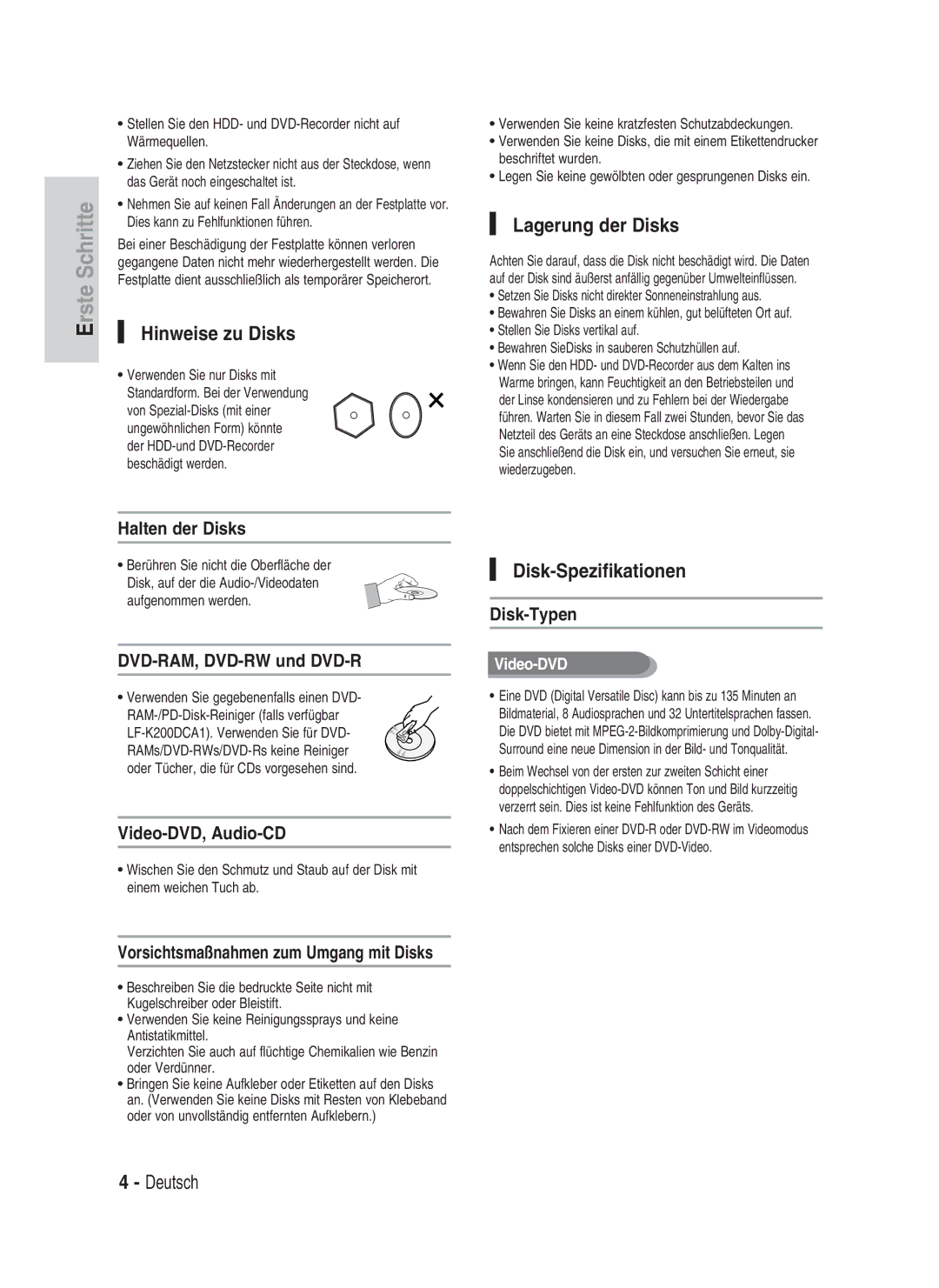 Samsung DVD-HR730/XEC, DVD-HR730/XEB, DVD-HR734/XEG manual Hinweise zu Disks, Lagerung der Disks, Disk-Spezifikationen 