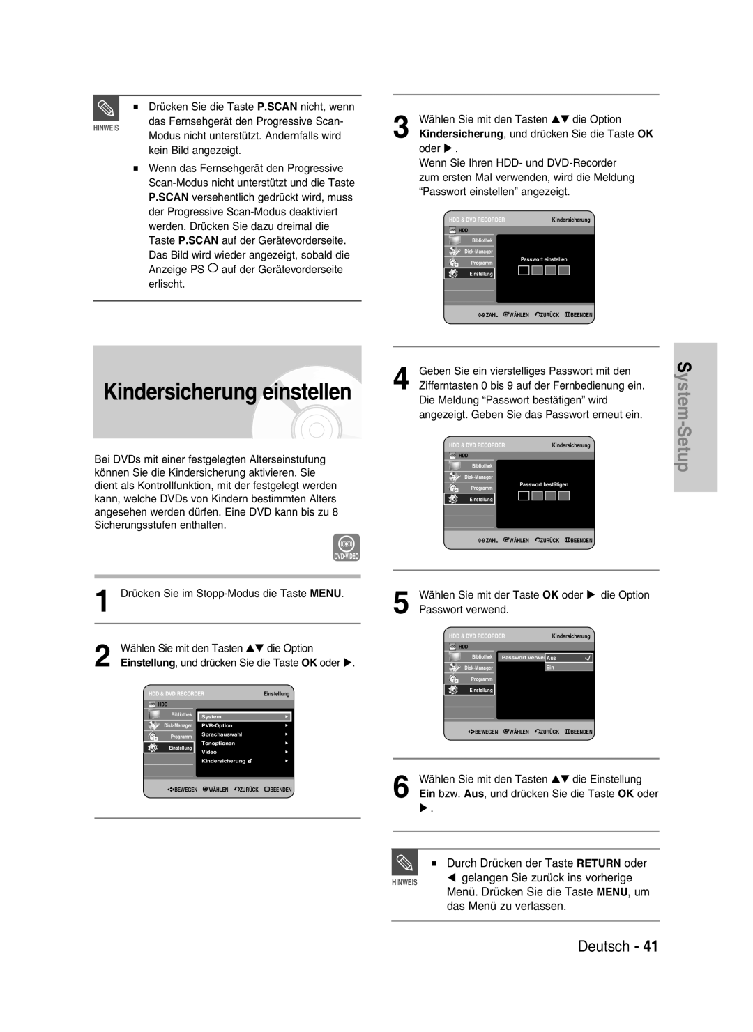 Samsung DVD-HR730/XEB manual Kindersicherung einstellen, Menü. Drücken Sie die Taste MENU, um, Das Menü zu verlassen 