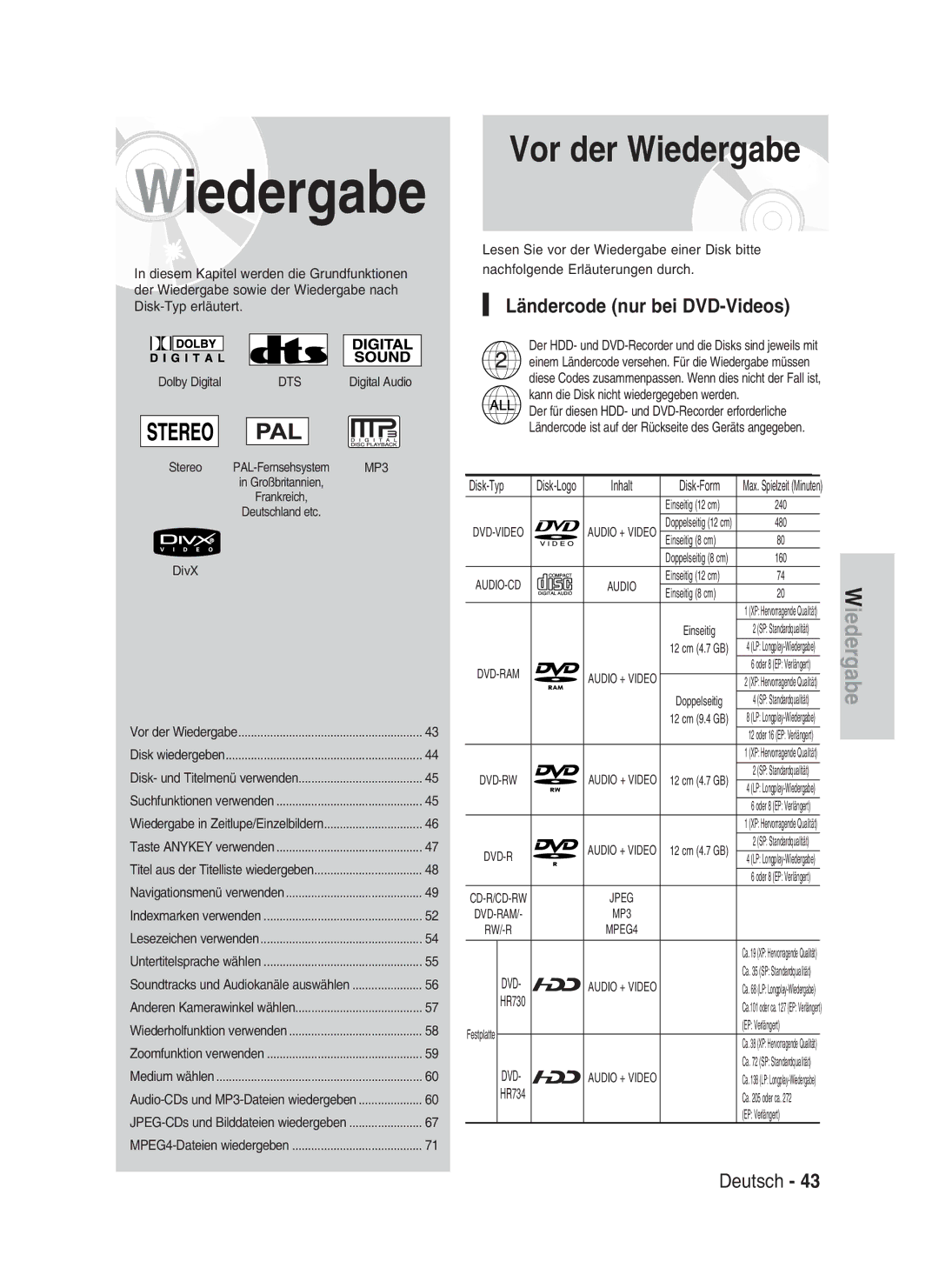 Samsung DVD-HR730/XEG, DVD-HR730/XEC, DVD-HR730/XEB, DVD-HR734/XEG manual Wiedergabe, Ländercode nur bei DVD-Videos, Disk-Typ 