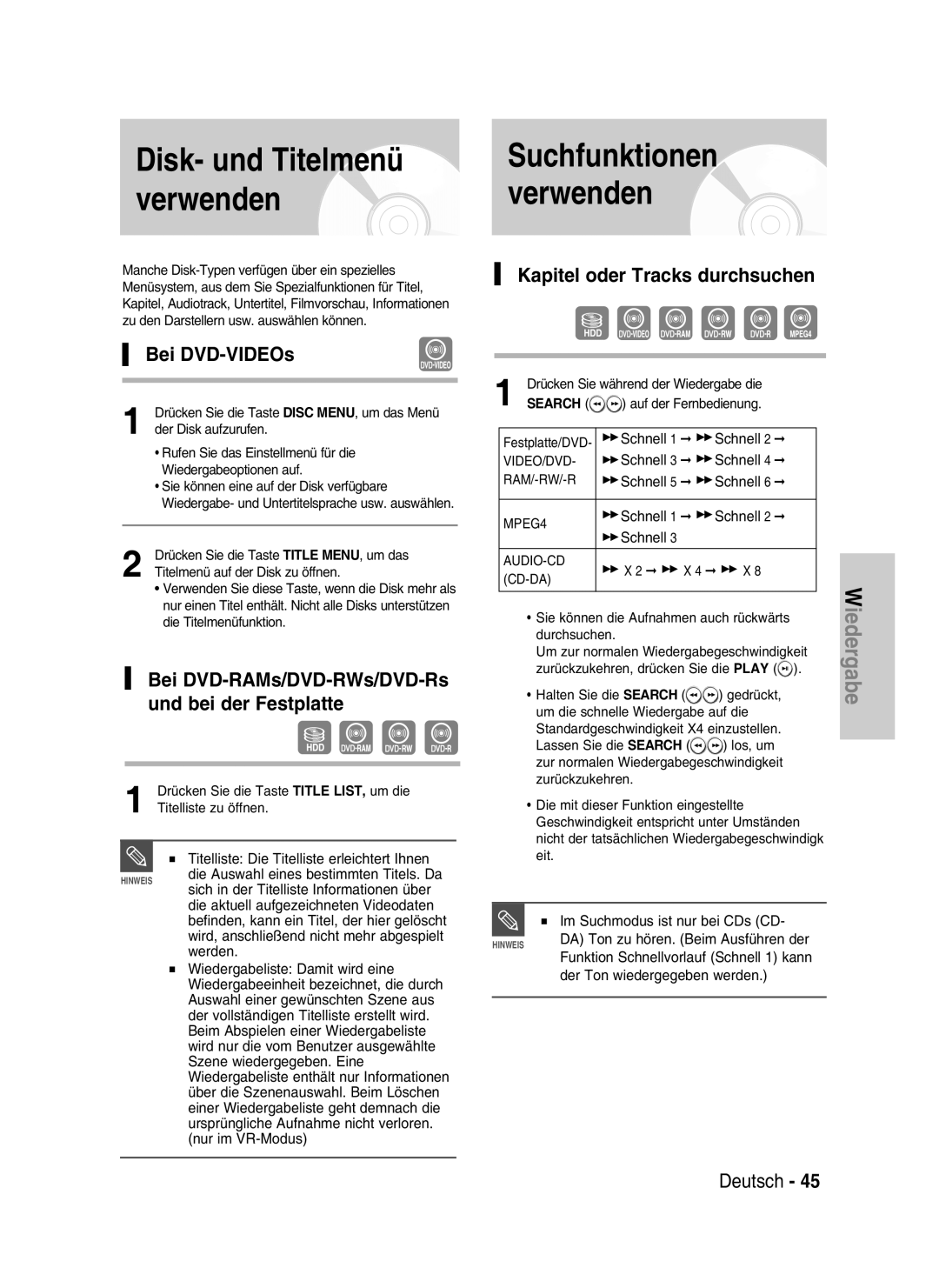 Samsung DVD-HR730/XEB, DVD-HR730/XEC, DVD-HR734/XEG Disk- und Titelmenü verwenden, Suchfunktionen verwenden, Bei DVD-VIDEOs 