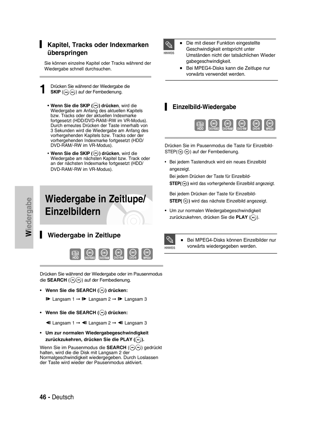 Samsung DVD-HR734/XEG, DVD-HR730/XEC manual Wiedergabe in Zeitlupe/ Einzelbildern, Überspringen, Einzelbild-Wiedergabe 