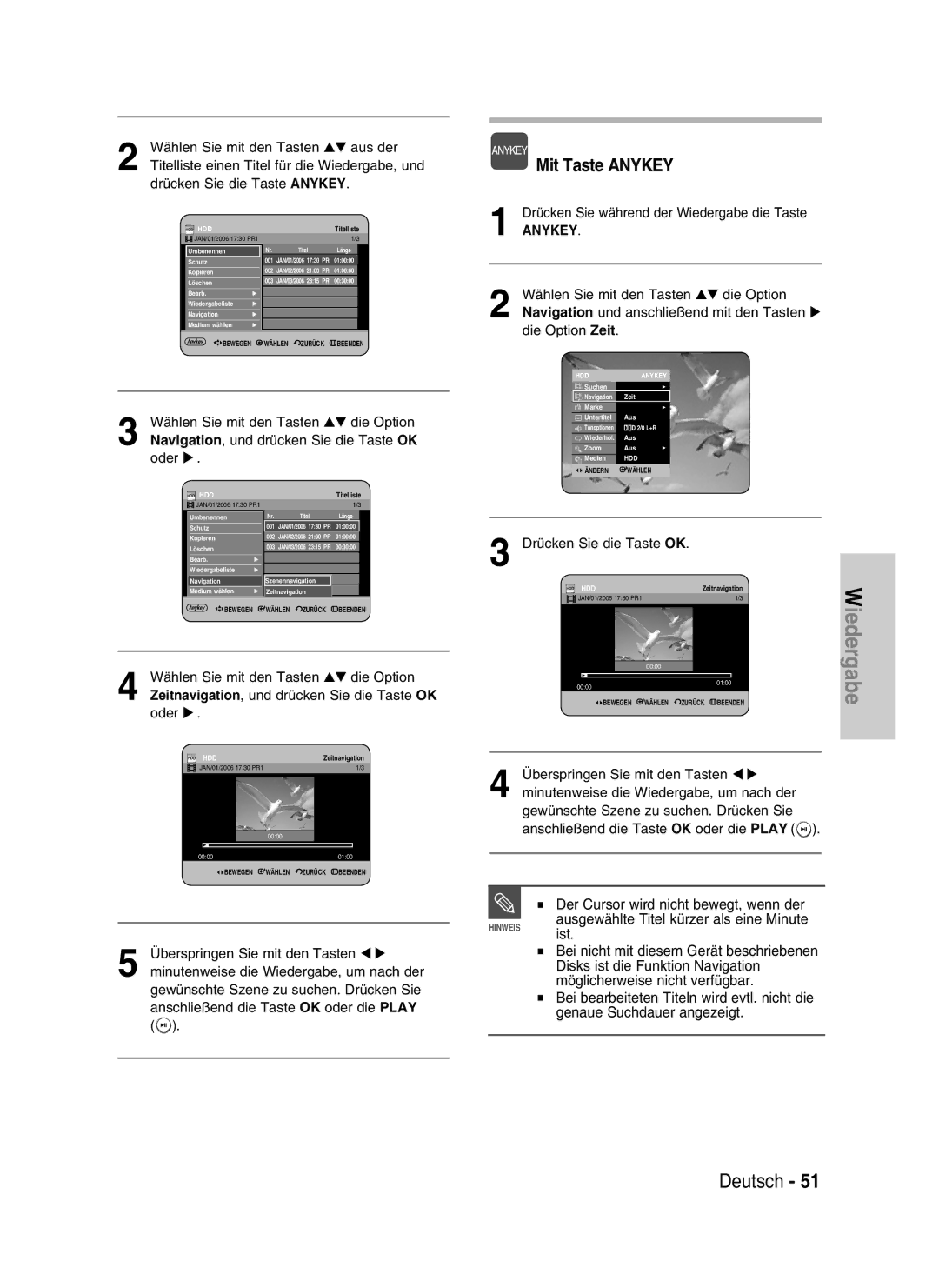 Samsung DVD-HR730/XEG, DVD-HR730/XEC, DVD-HR730/XEB, DVD-HR734/XEG manual Iedergabe, Drücken Sie die Taste OK 