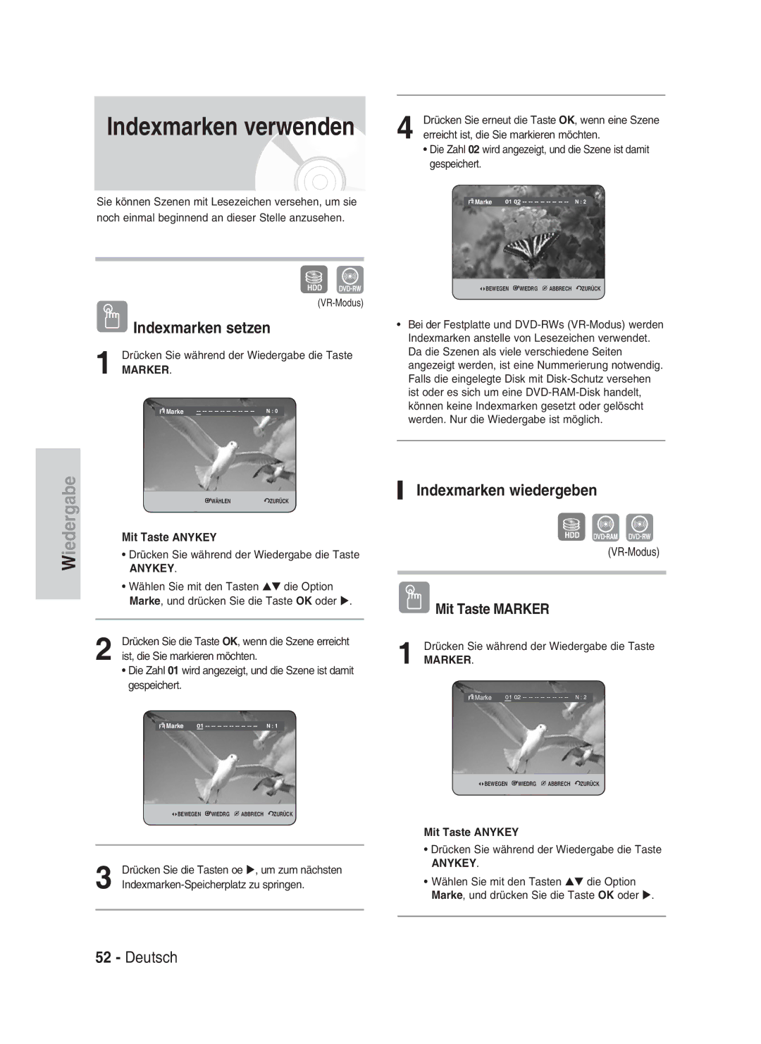 Samsung DVD-HR730/XEC, DVD-HR730/XEB Indexmarken verwenden, Indexmarken setzen, Indexmarken wiedergeben, Mit Taste Marker 