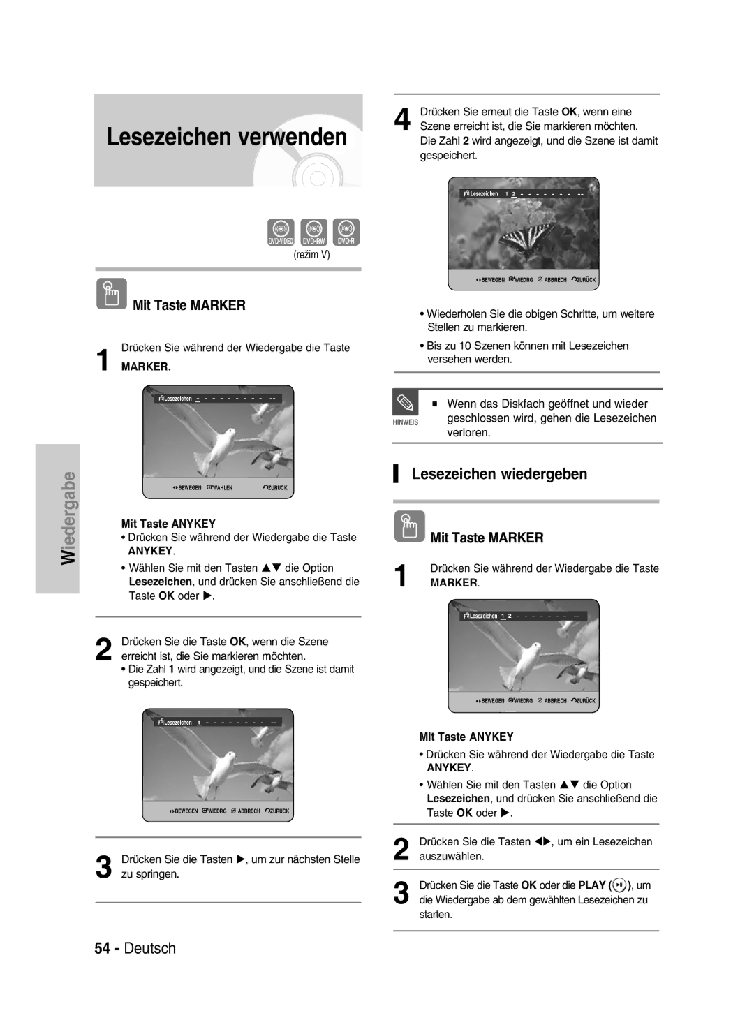 Samsung DVD-HR734/XEG Lesezeichen verwenden, Lesezeichen wiedergeben, Wenn das Diskfach geöffnet und wieder, Verloren 