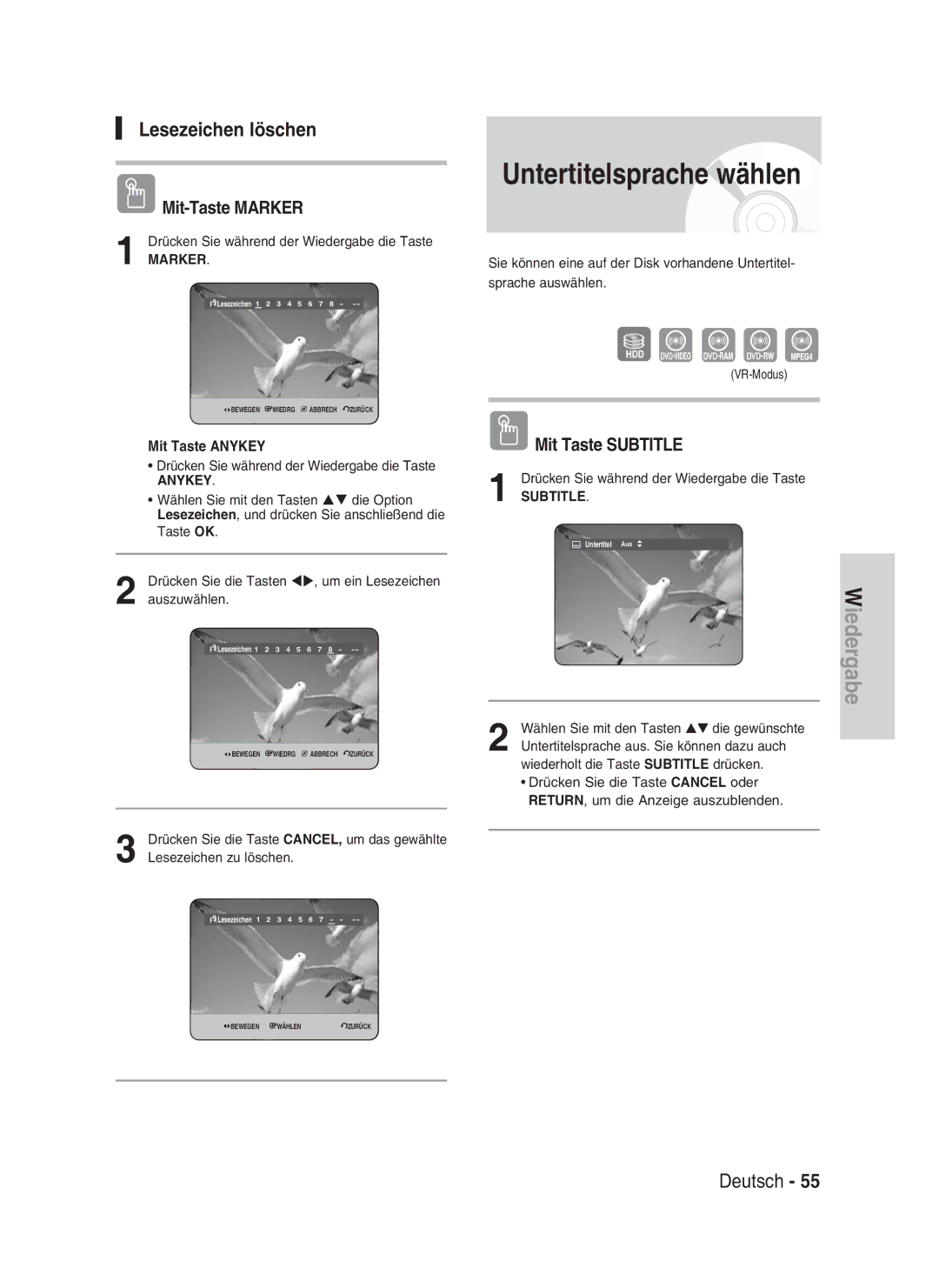 Samsung DVD-HR730/XEG, DVD-HR730/XEC, DVD-HR730/XEB, DVD-HR734/XEG Lesezeichen löschen, Mit-Taste Marker, Mit Taste Subtitle 