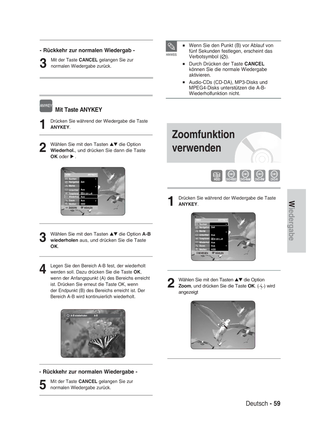 Samsung DVD-HR730/XEG, DVD-HR730/XEC, DVD-HR730/XEB, DVD-HR734/XEG manual Rückkehr zur normalen Wiedergabe 