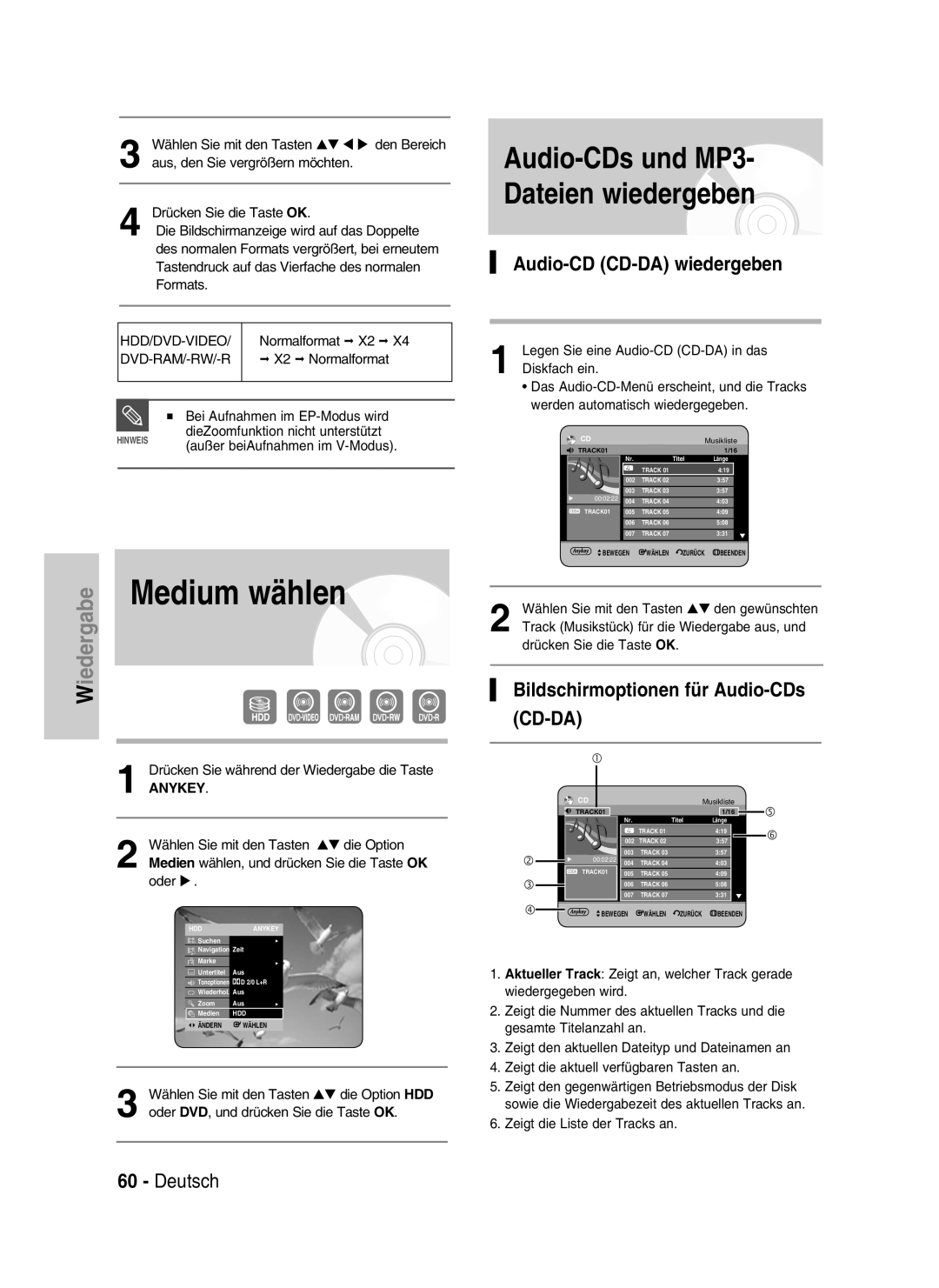 Samsung DVD-HR730/XEC manual Audio-CD CD-DA wiedergeben, Bildschirmoptionen für Audio-CDs, Hdd/Dvd-Video, Normalformat X2 