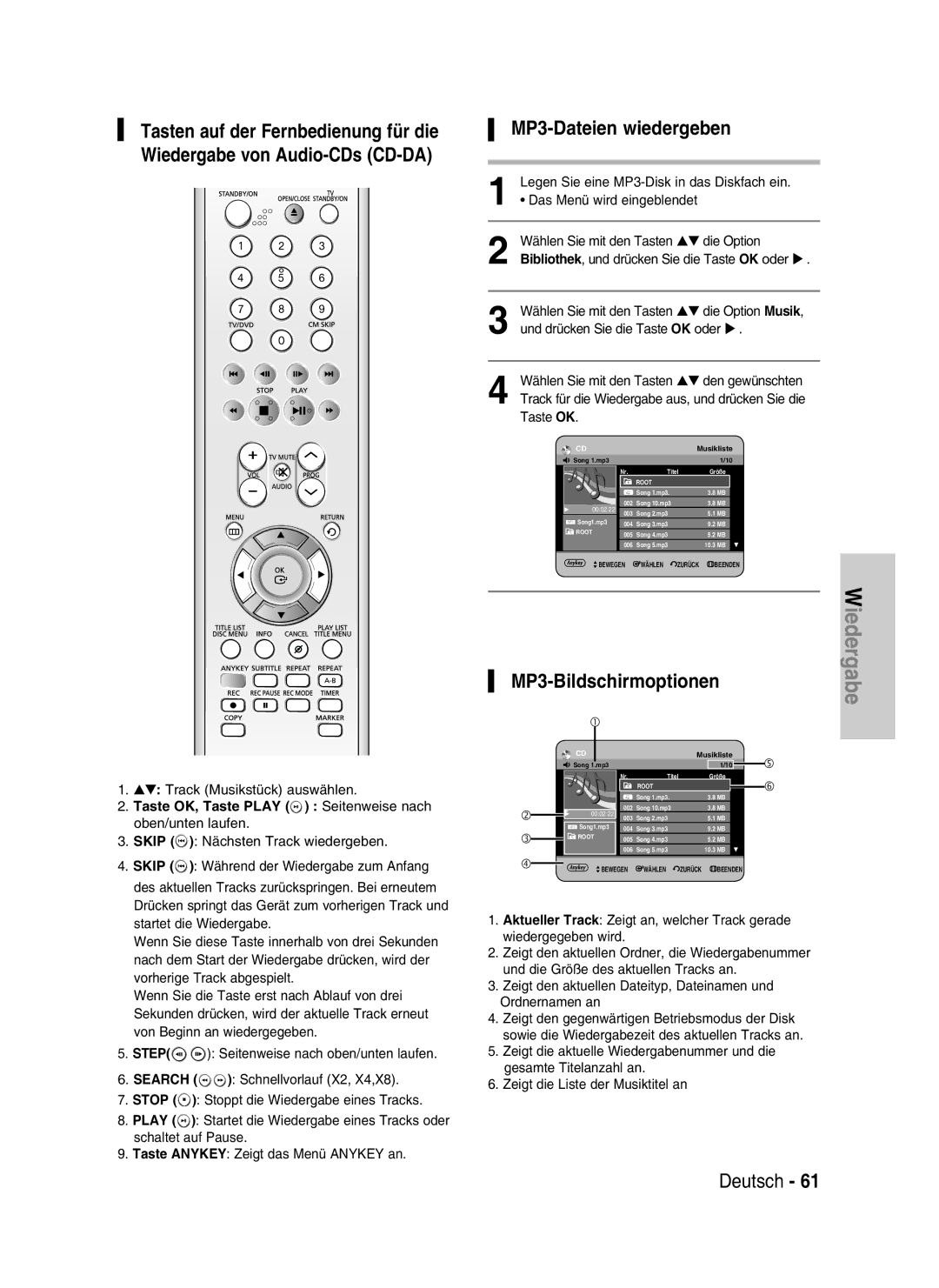 Samsung DVD-HR730/XEB, DVD-HR730/XEC, DVD-HR734/XEG, DVD-HR730/XEG manual MP3-Dateien wiedergeben, Track Musikstück auswählen 