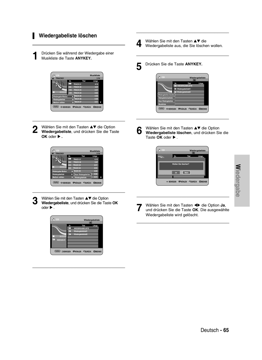 Samsung DVD-HR730/XEB Wiedergabeliste löschen, Wählen Sie mit den Tasten die, Wiedergabeliste aus, die Sie löschen wollen 