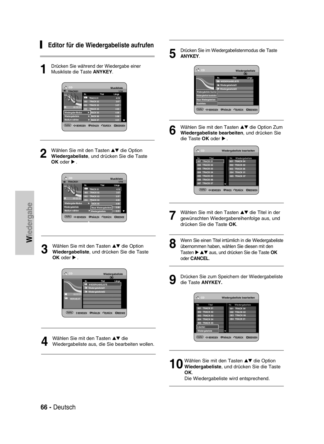 Samsung DVD-HR734/XEG manual Editor für die Wiedergabeliste aufrufen, Drücken Sie im Wiedergabelistenmodus die Taste 