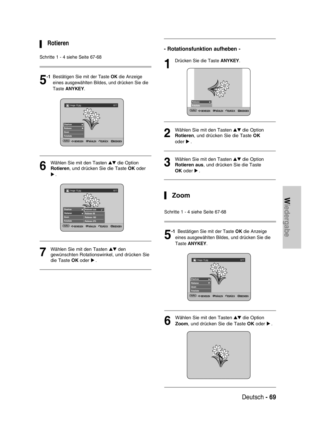 Samsung DVD-HR730/XEB, DVD-HR730/XEC, DVD-HR734/XEG, DVD-HR730/XEG manual Rotieren, Zoom, Rotationsfunktion aufheben 