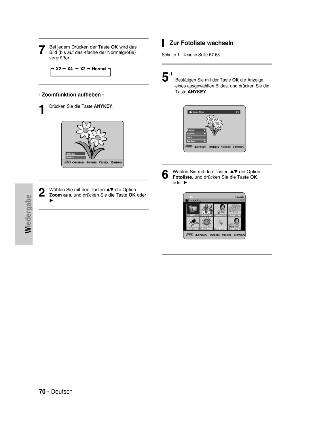 Samsung DVD-HR734/XEG, DVD-HR730/XEC, DVD-HR730/XEB manual Zur Fotoliste wechseln, Zoomfunktion aufheben, X2 X4 X2 Normal 