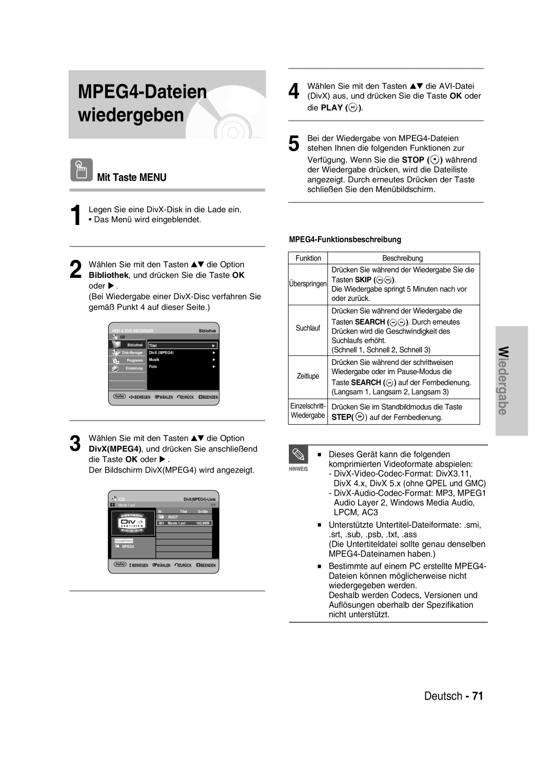 Samsung DVD-HR730/XEG, DVD-HR730/XEC, DVD-HR730/XEB Mit Taste Menu, MPEG4-Dateinamen haben, MPEG4-Funktionsbeschreibung 