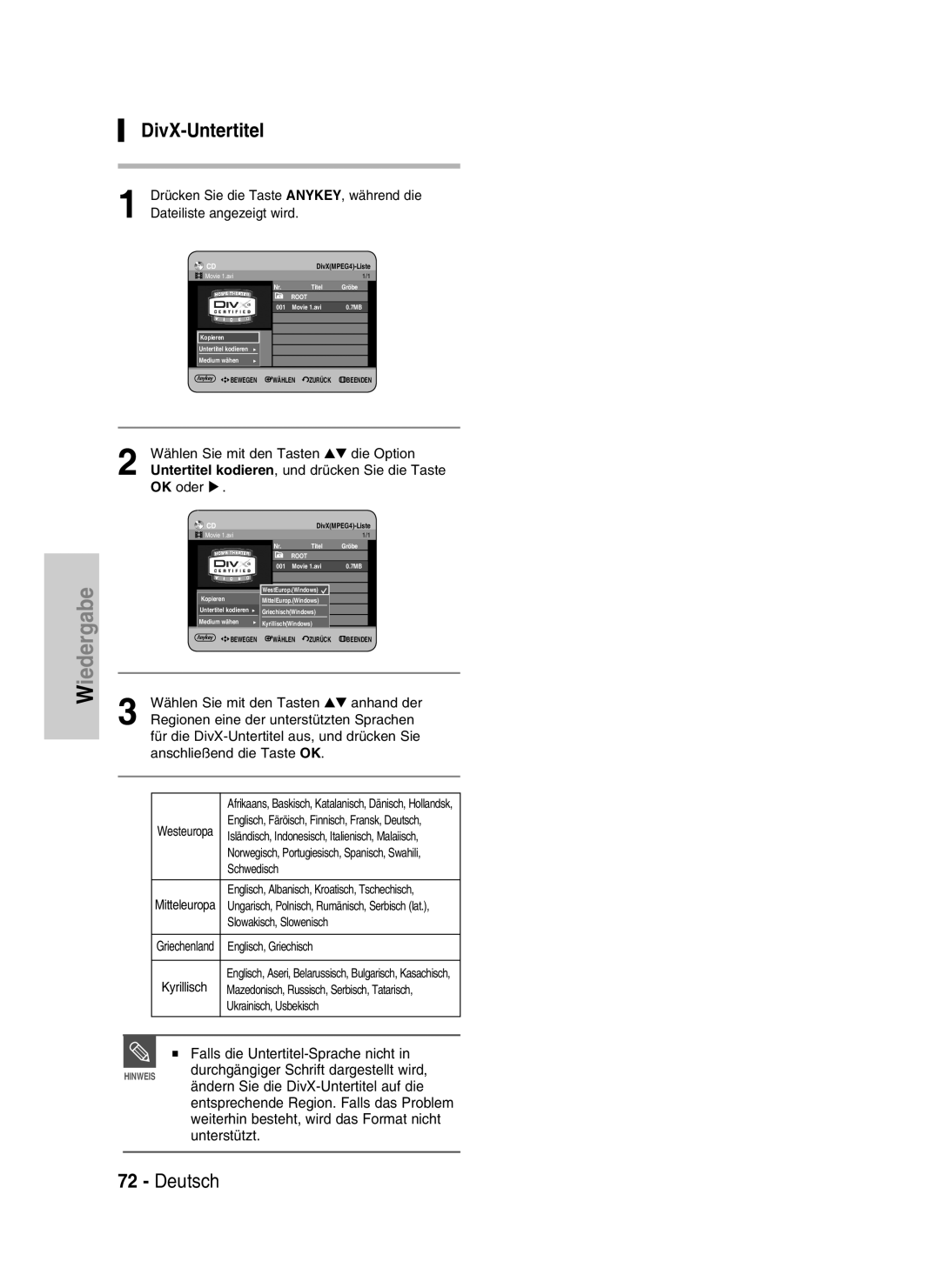 Samsung DVD-HR730/XEC, DVD-HR730/XEB, DVD-HR734/XEG, DVD-HR730/XEG manual DivX-Untertitel 