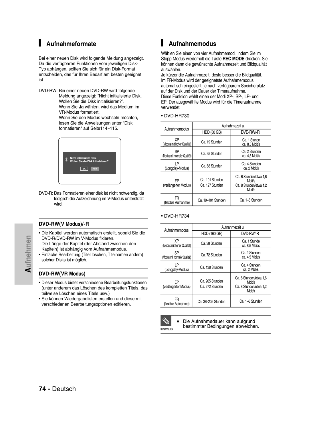 Samsung DVD-HR734/XEG, DVD-HR730/XEC manual Aufnehmen, Aufnahmeformate, Aufnahmemodus, DVD-RWV Modus/-R, DVD-RWVR Modus 