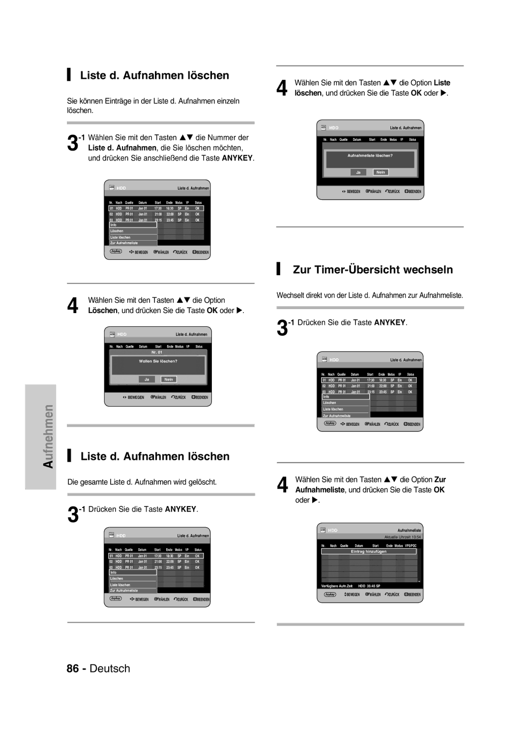 Samsung DVD-HR734/XEG, DVD-HR730/XEC, DVD-HR730/XEB, DVD-HR730/XEG Liste d. Aufnahmen löschen, Zur Timer-Übersicht wechseln 