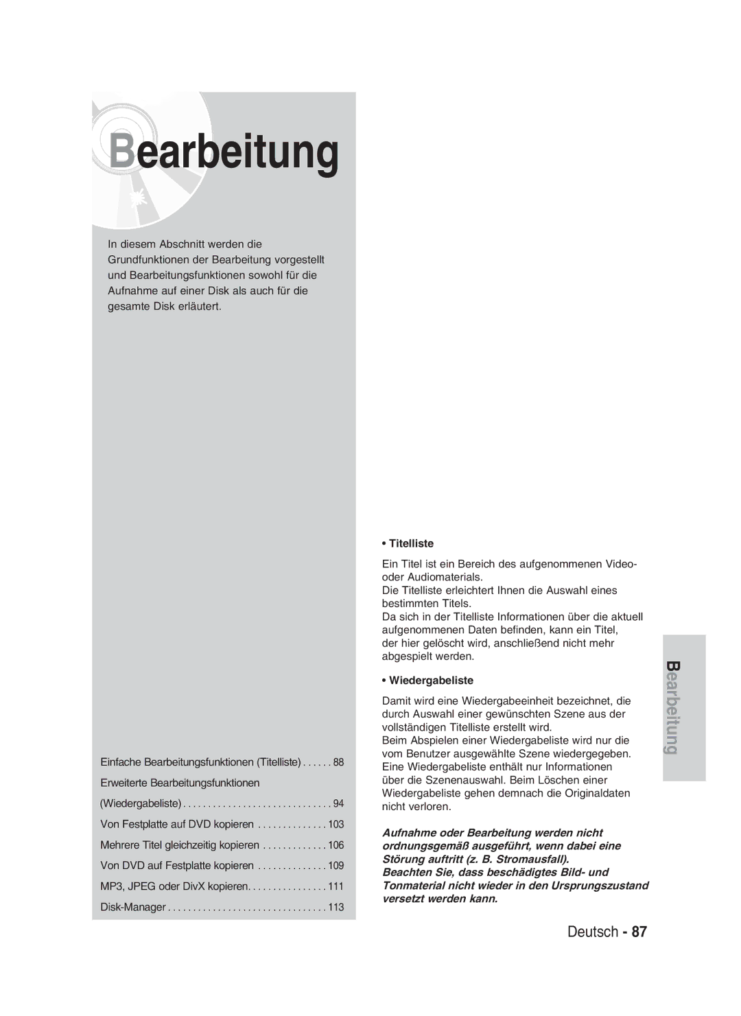 Samsung DVD-HR730/XEG, DVD-HR730/XEC, DVD-HR730/XEB, DVD-HR734/XEG manual Bearbeitung, Titelliste 