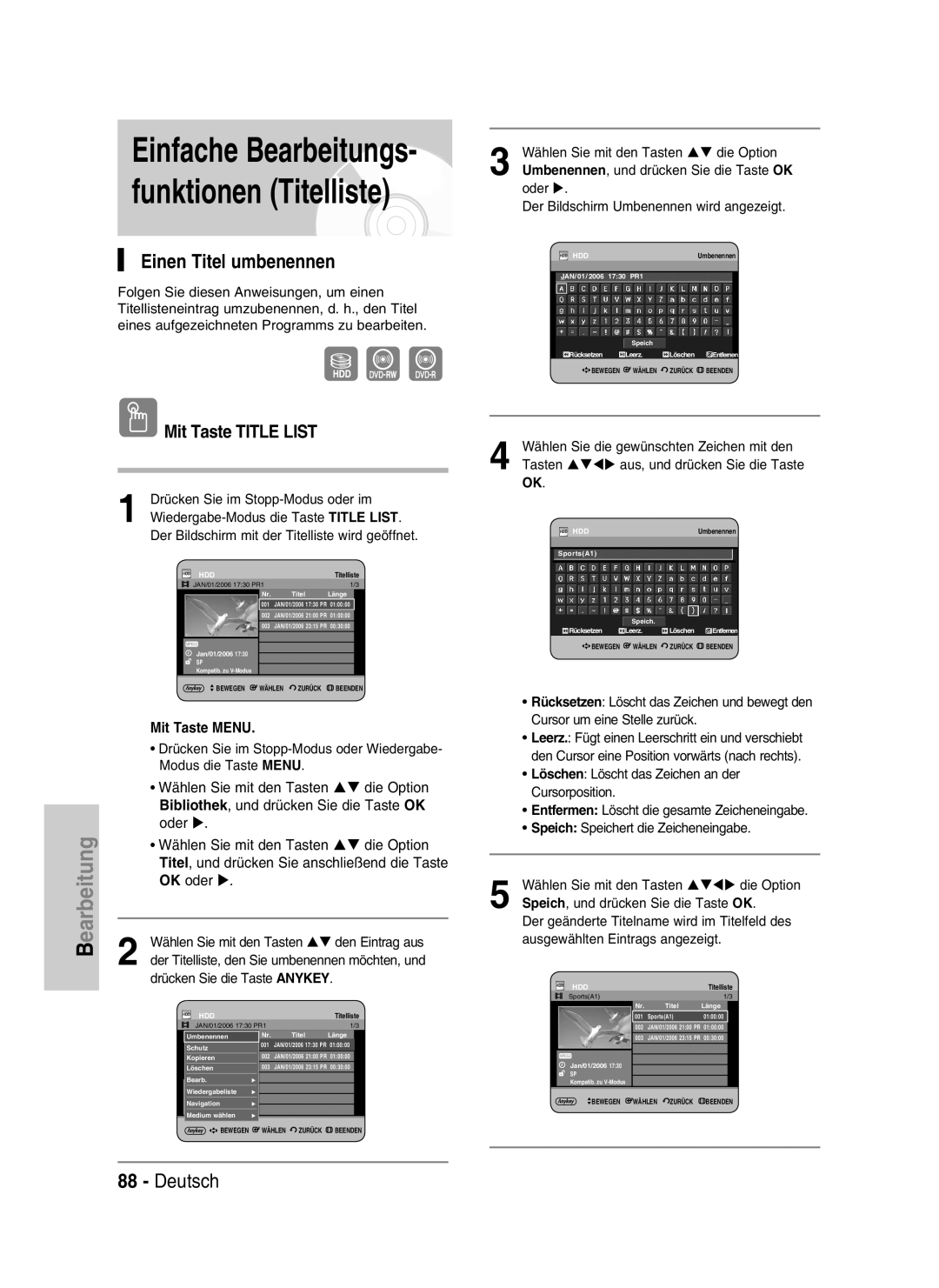 Samsung DVD-HR730/XEC, DVD-HR730/XEB, DVD-HR734/XEG Einfache Bearbeitungs- funktionen Titelliste, Einen Titel umbenennen 