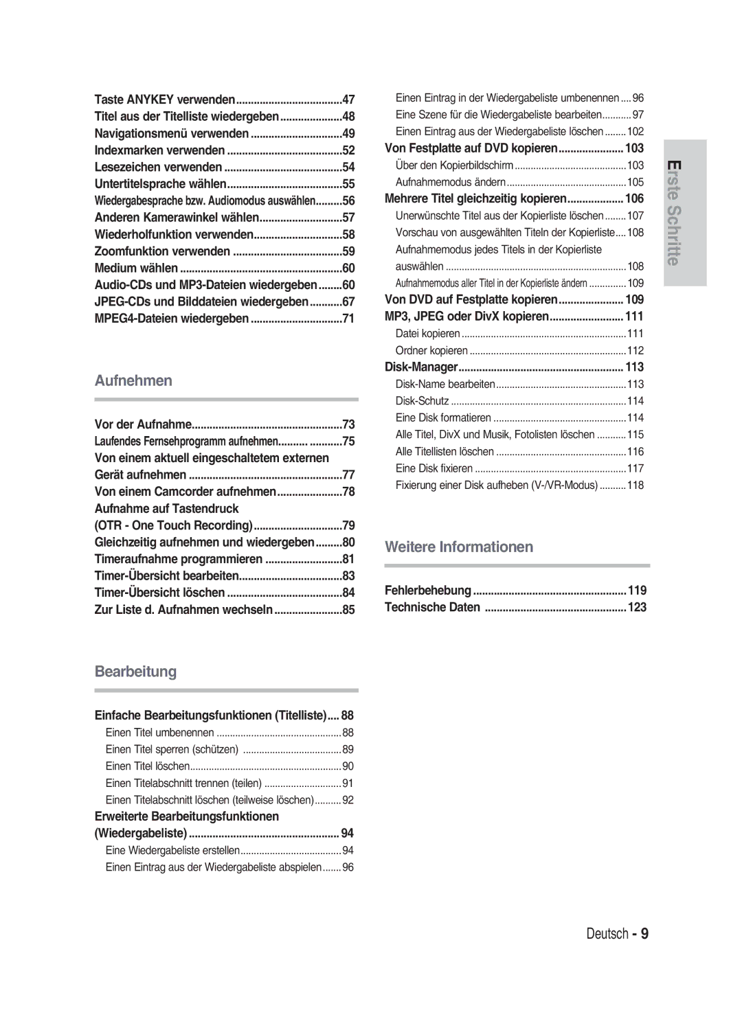 Samsung DVD-HR730/XEB, DVD-HR730/XEC Aufnahme auf Tastendruck, Erweiterte Bearbeitungsfunktionen, 103, 106, 109, 111, 113 