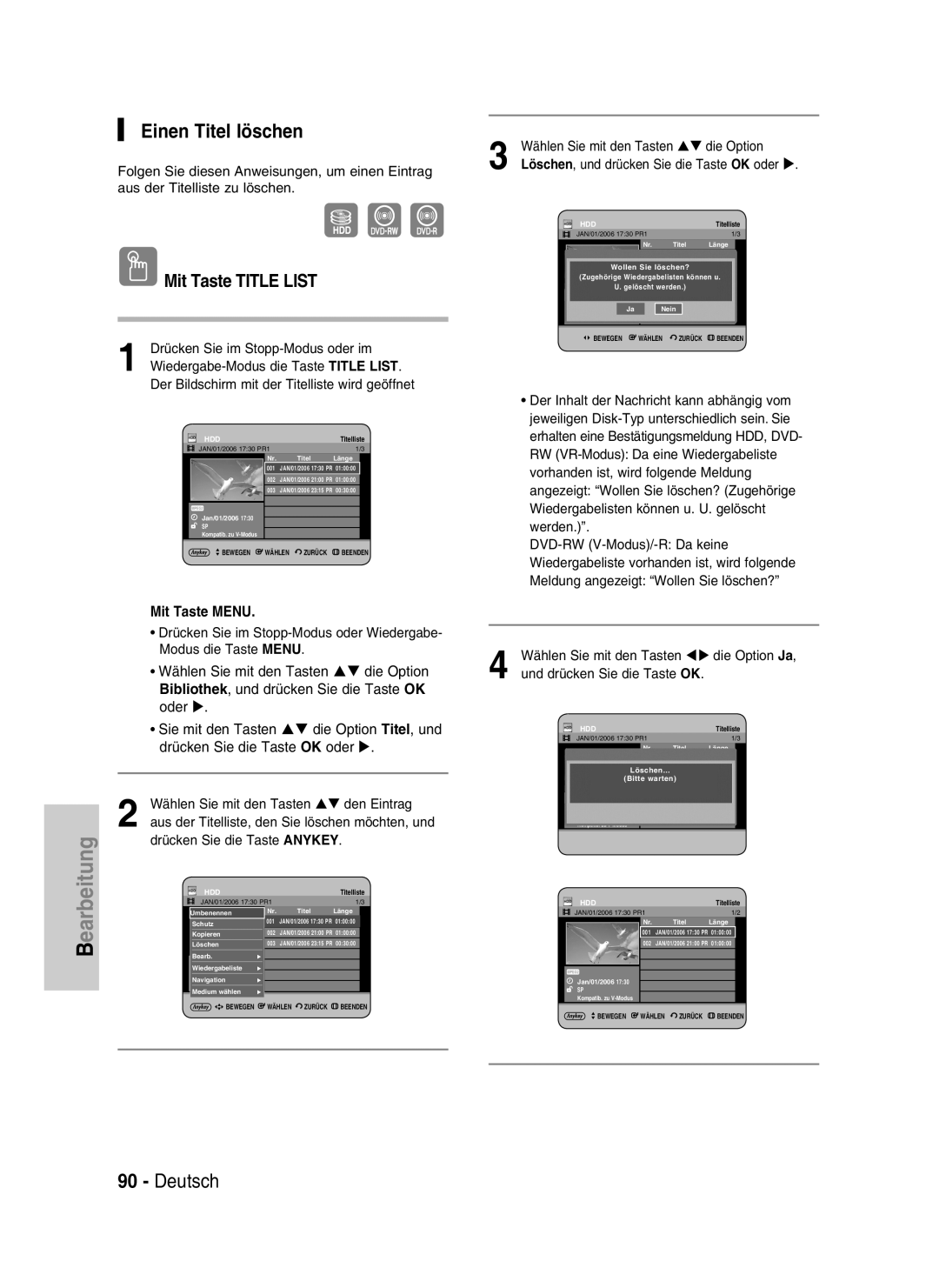 Samsung DVD-HR734/XEG, DVD-HR730/XEC, DVD-HR730/XEB, DVD-HR730/XEG manual Einen Titel löschen 