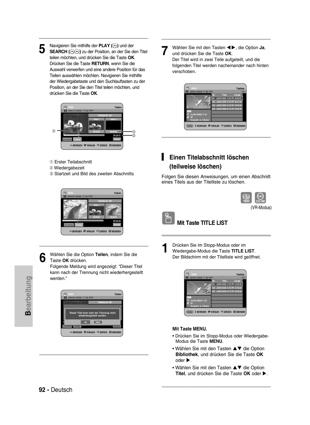 Samsung DVD-HR730/XEC Einen Titelabschnitt löschen teilweise löschen, Wählen Sie die Option Teilen, indem Sie die, Werden 