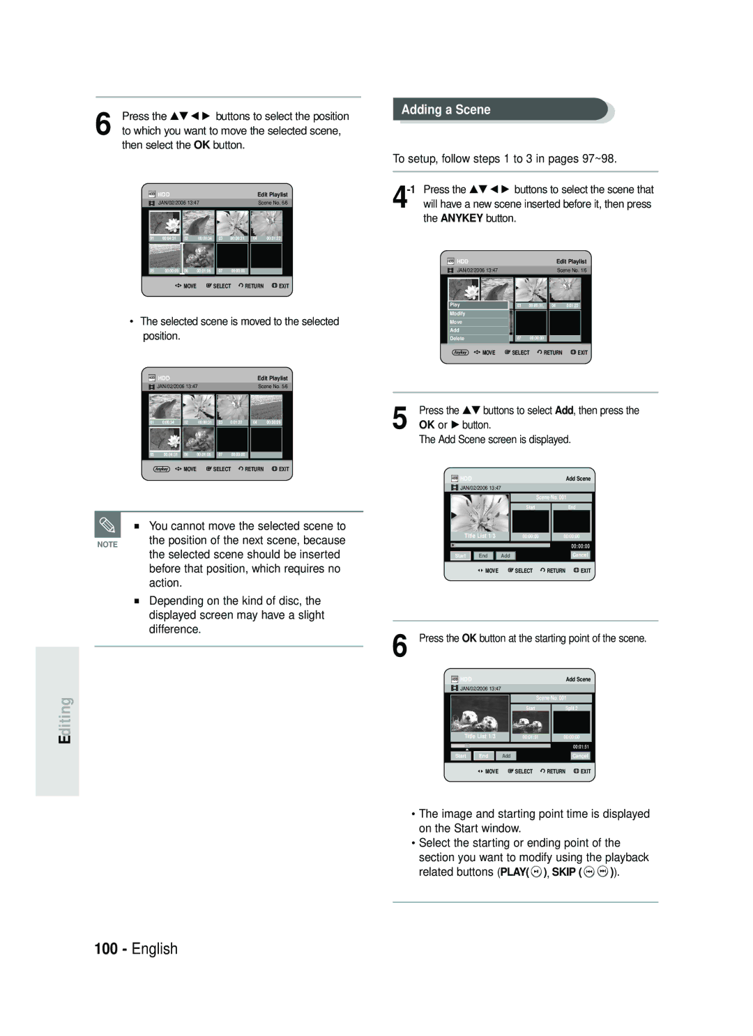 Samsung DVD-HR730/XEC, DVD-HR730/XEB, DVD-HR734/XEG, DVD-HR730/XEG manual Adding a Scene 