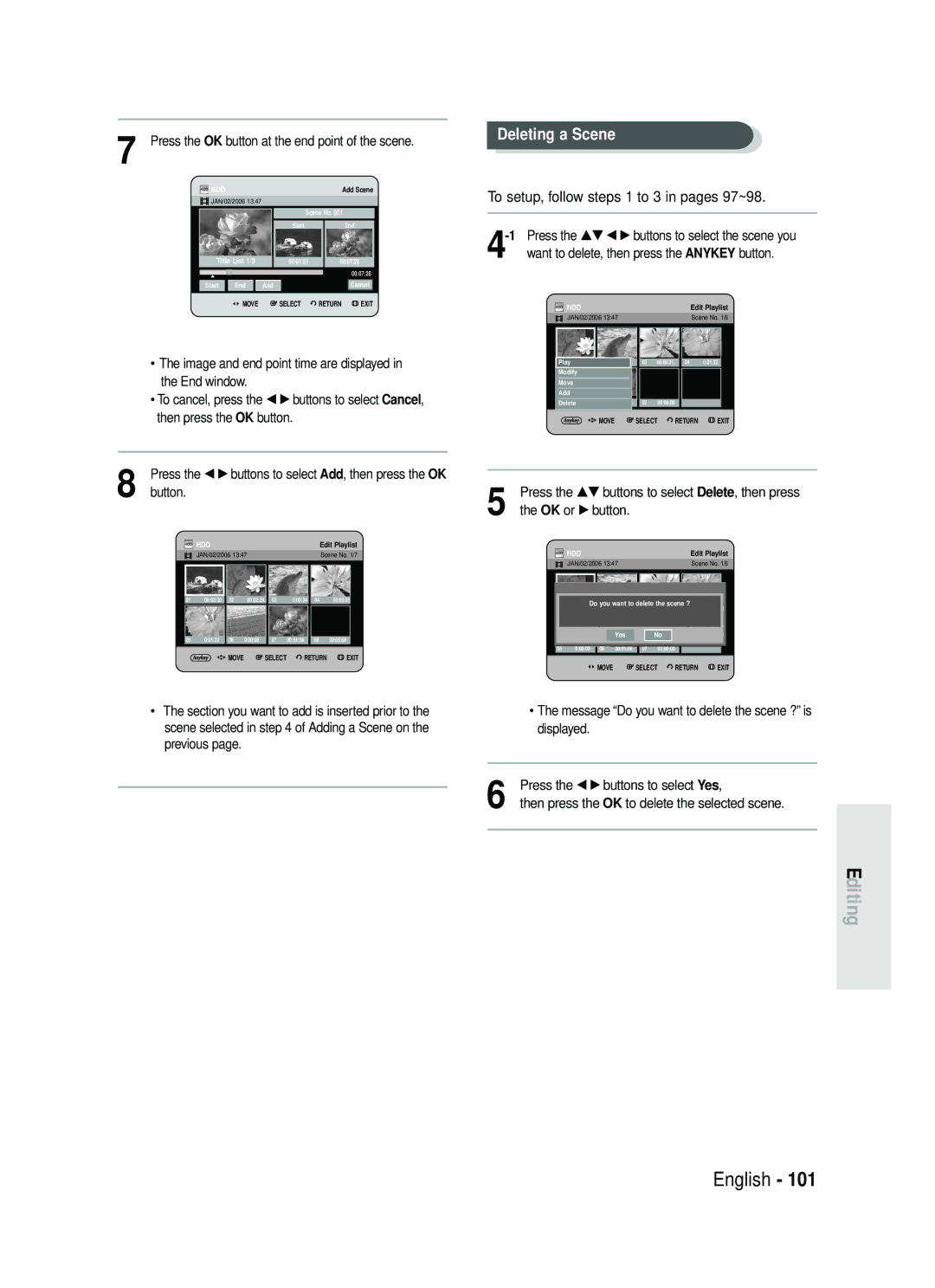 Samsung DVD-HR730/XEB, DVD-HR730/XEC, DVD-HR734/XEG, DVD-HR730/XEG manual Deleting a Scene 