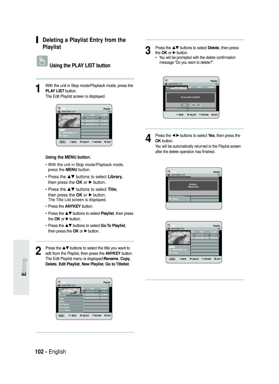 Samsung DVD-HR734/XEG, DVD-HR730/XEC Deleting a Playlist Entry from, Delete, Edit Playlist, New Playlist, Go to Titlelist 