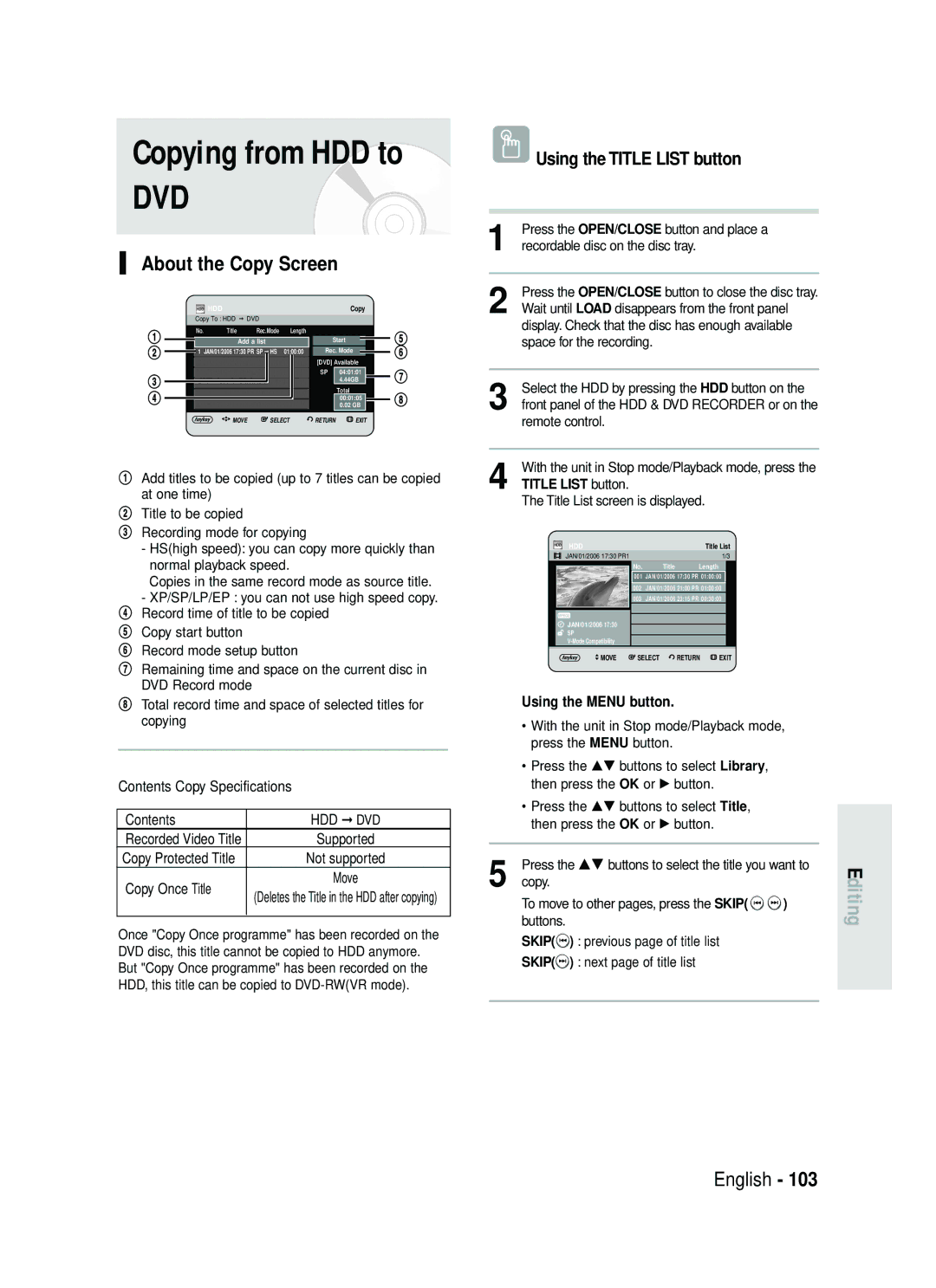 Samsung DVD-HR730/XEG, DVD-HR730/XEC, DVD-HR730/XEB, DVD-HR734/XEG manual About the Copy Screen 