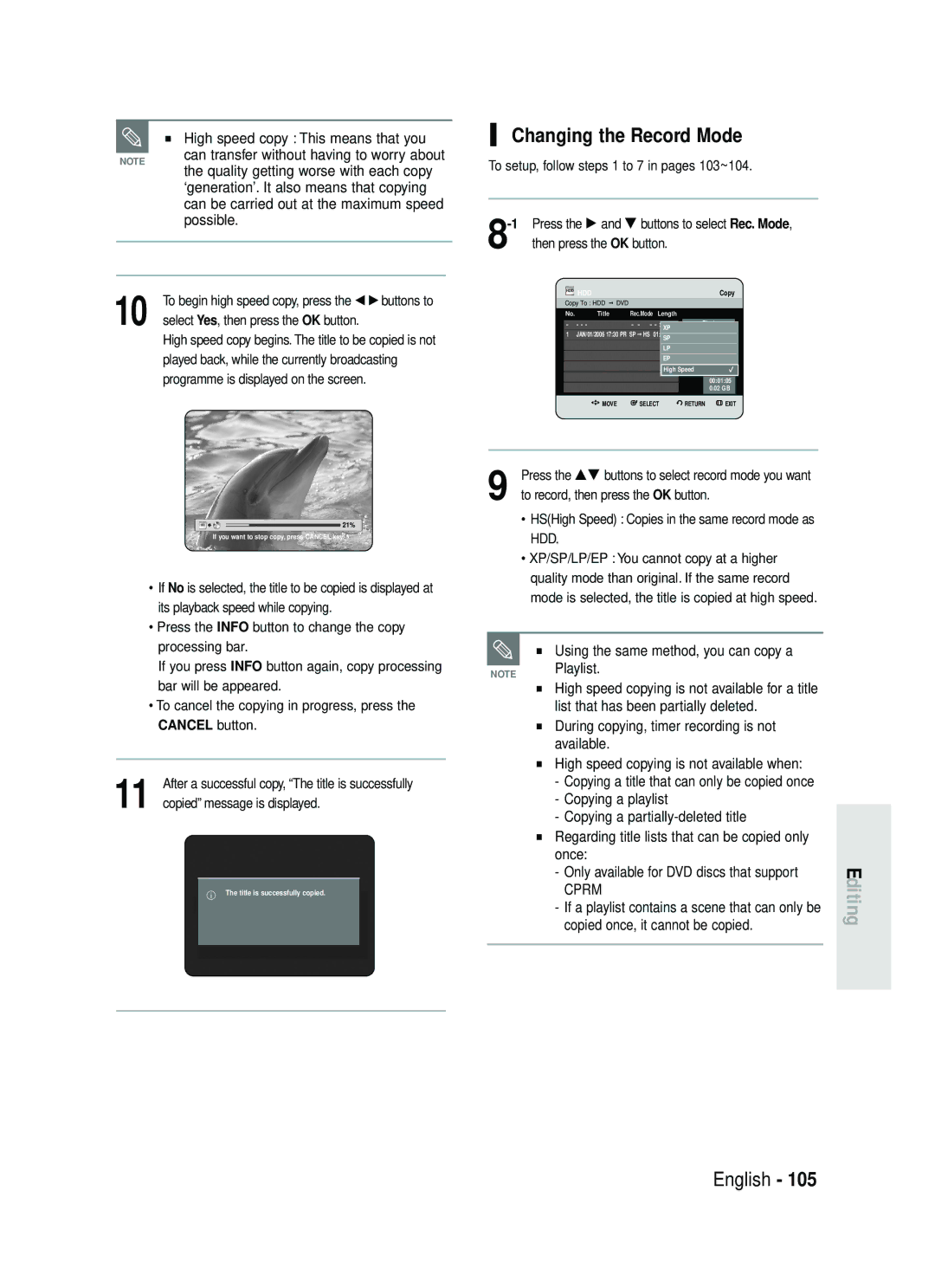 Samsung DVD-HR730/XEB, DVD-HR730/XEC, DVD-HR734/XEG, DVD-HR730/XEG manual Changing the Record Mode 