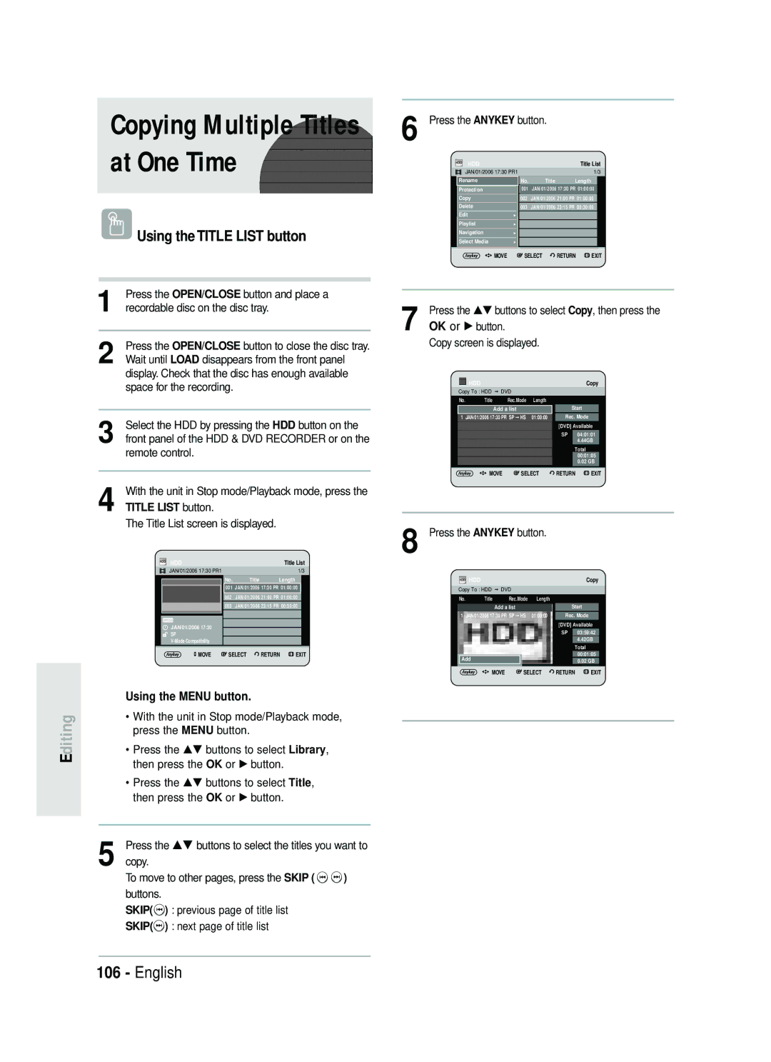 Samsung DVD-HR734/XEG manual Copying Multiple Titles at One Time, Copy To move to other pages, press the Skip Buttons 