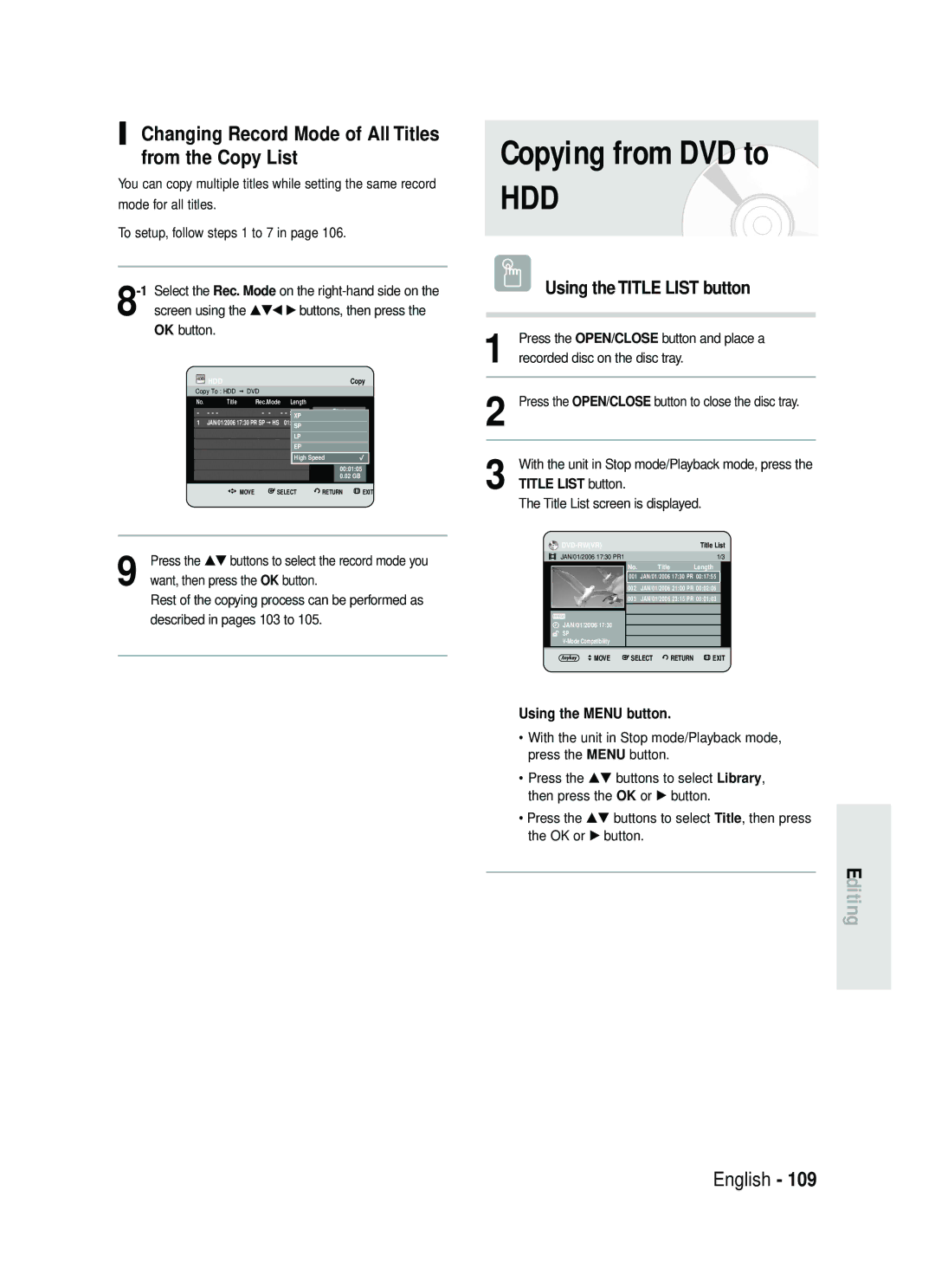 Samsung DVD-HR730/XEB, DVD-HR730/XEC manual Copying from DVD to, Changing Record Mode of All Titles from the Copy List 