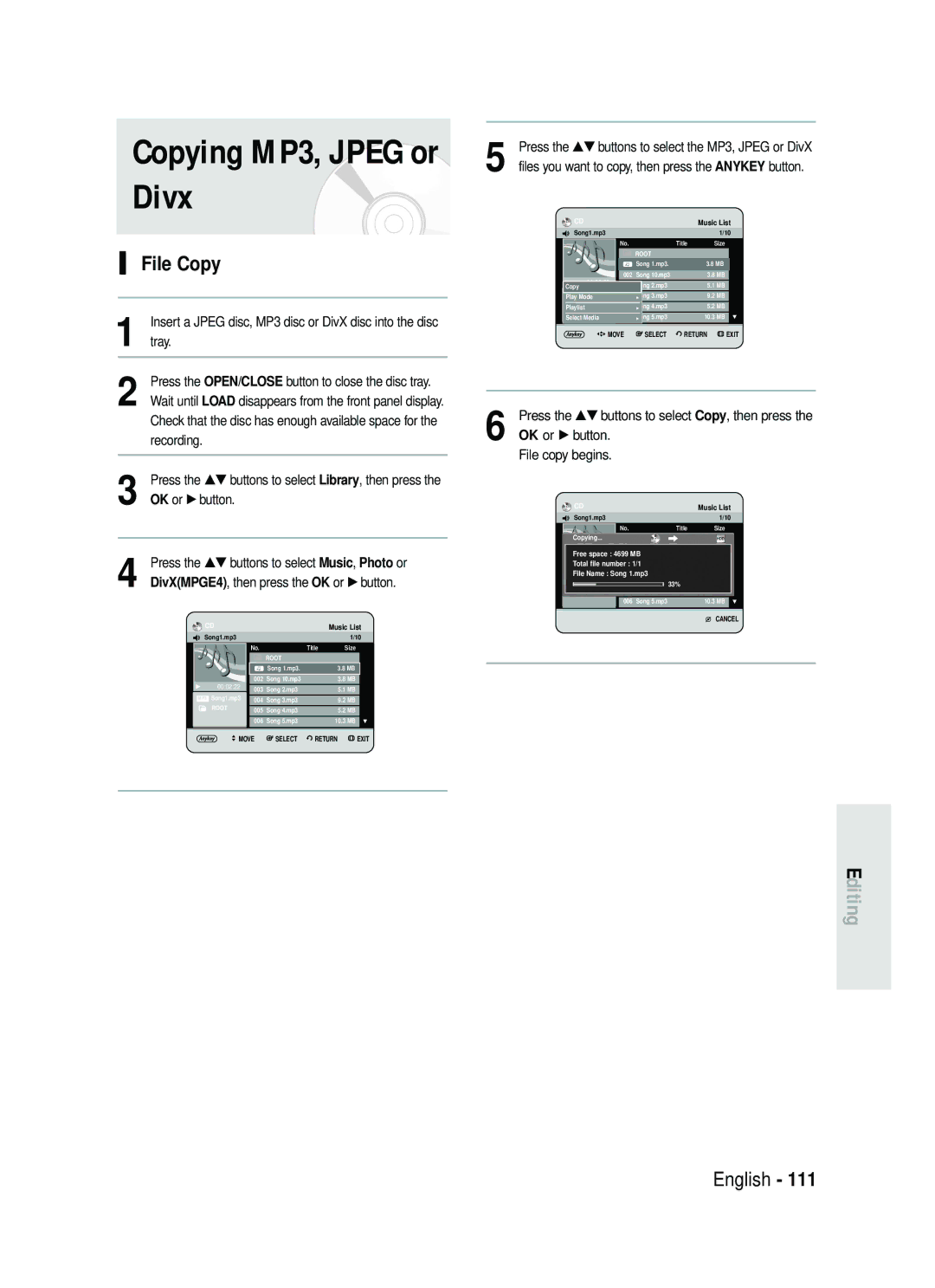 Samsung DVD-HR730/XEG manual Copying MP3, Jpeg or Divx, File Copy, 4699 MB, Total file number 1/1, File Name Song 1.mp3 