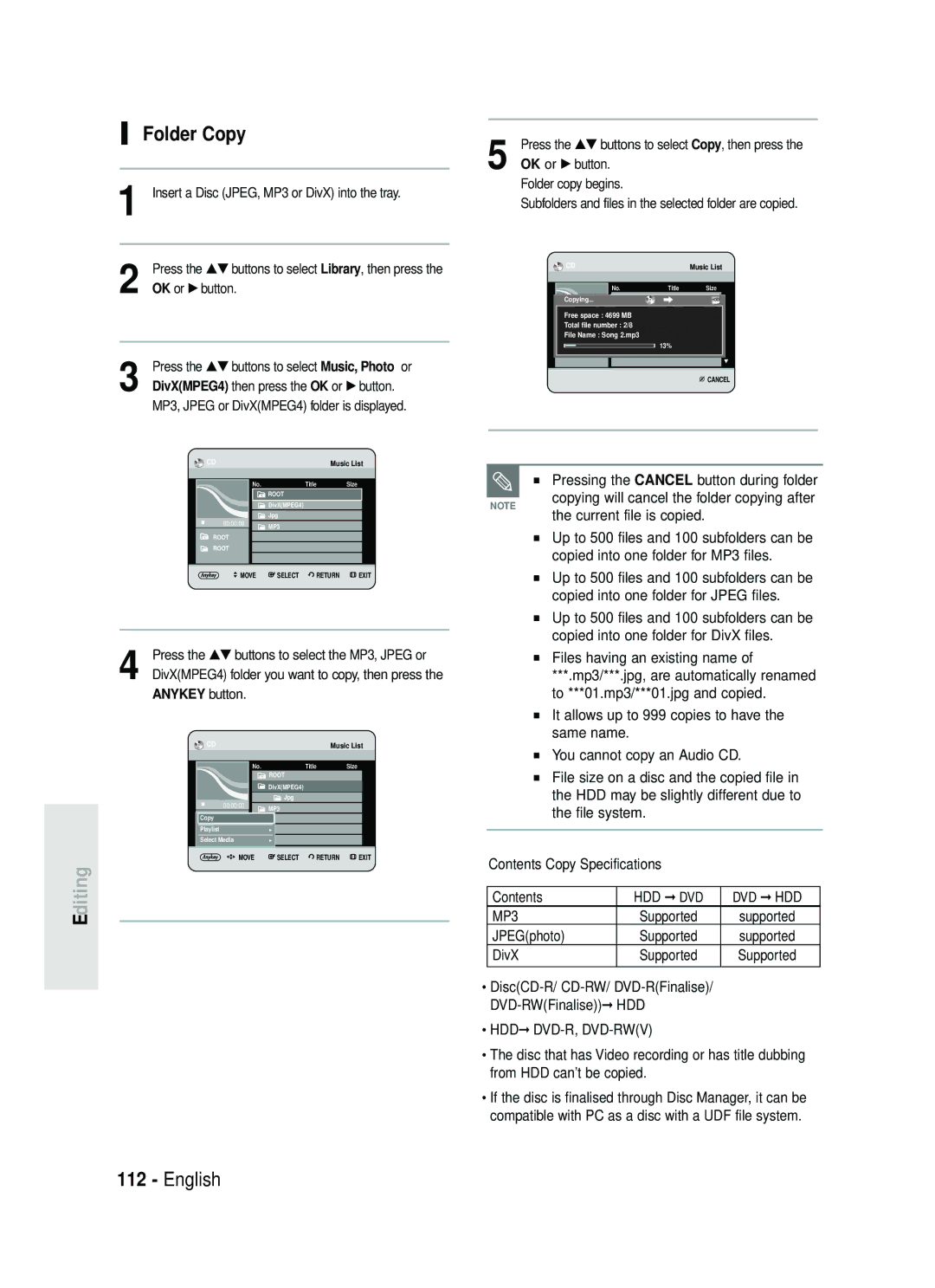 Samsung DVD-HR730/XEC, DVD-HR730/XEB, DVD-HR734/XEG, DVD-HR730/XEG Folder Copy, Pressing the Cancel button during folder 