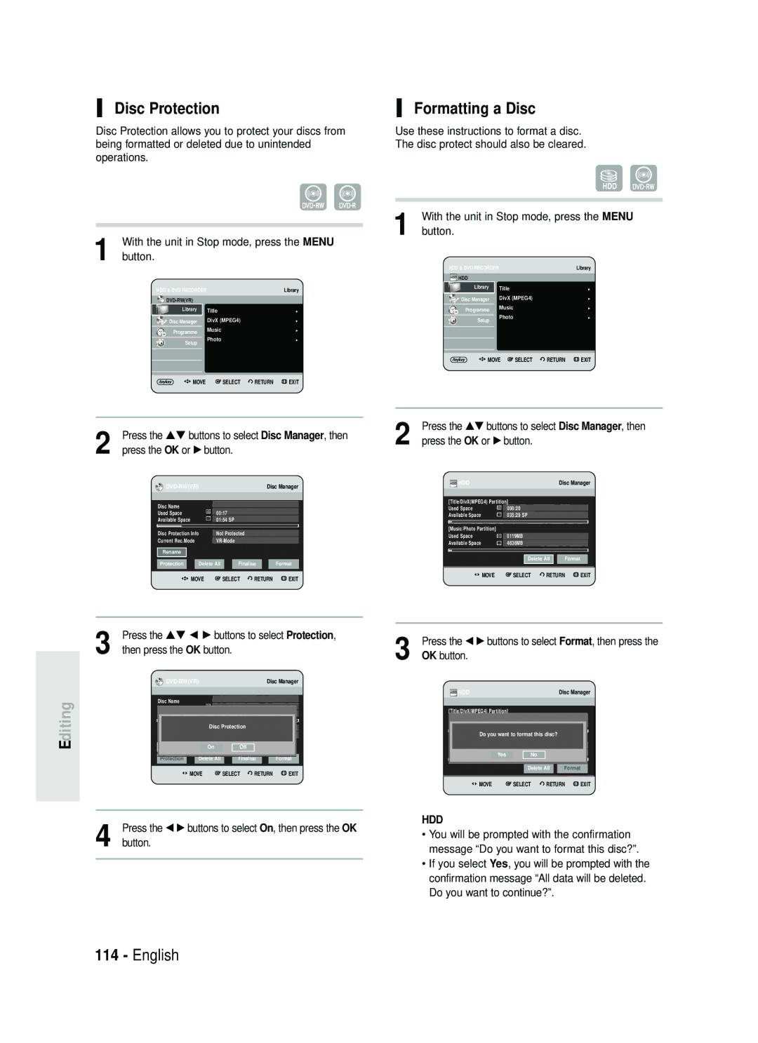 Samsung DVD-HR734/XEG, DVD-HR730/XEC, DVD-HR730/XEB, DVD-HR730/XEG manual Disc Protection, Formatting a Disc 