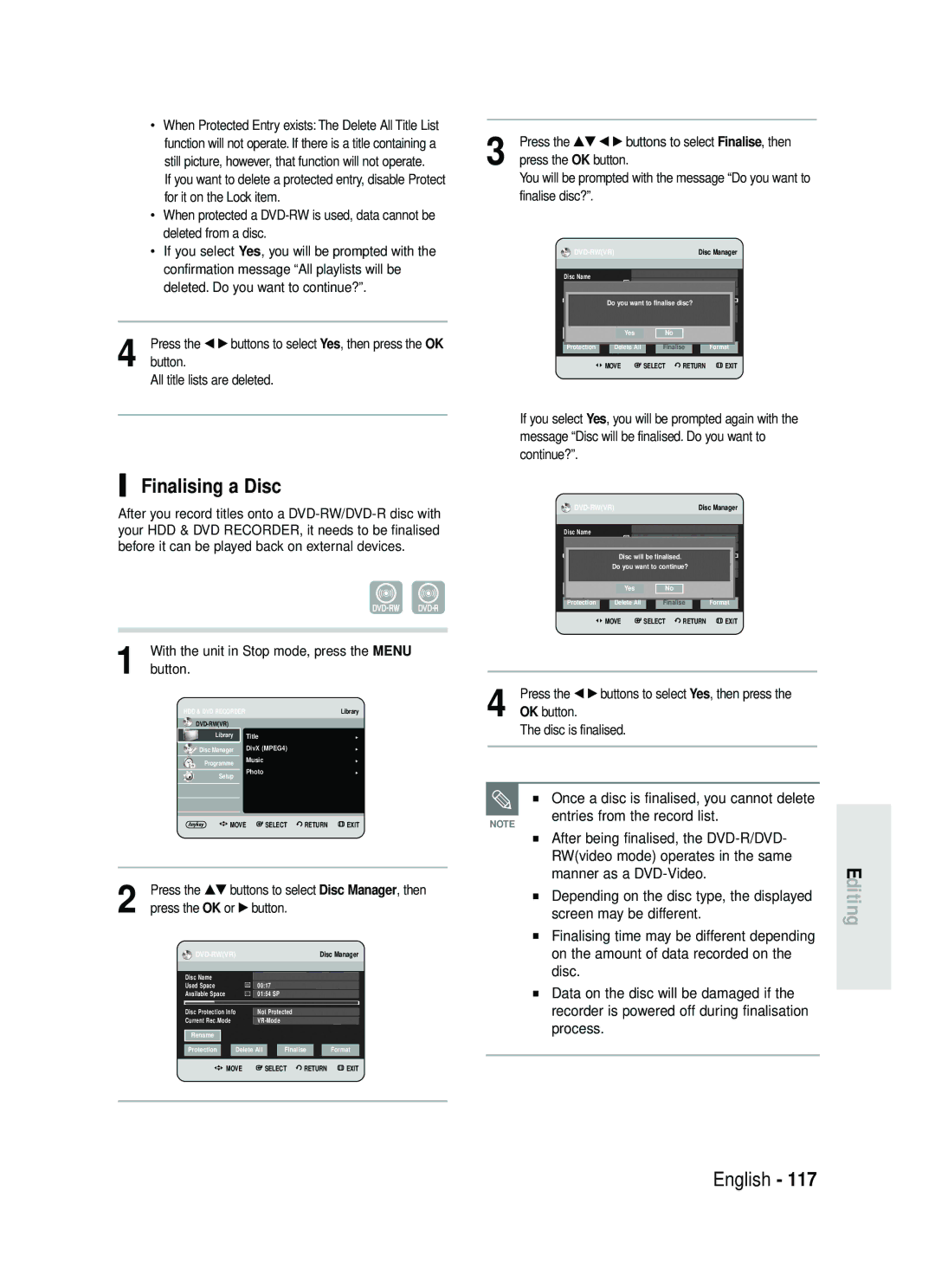 Samsung DVD-HR730/XEB manual Finalising a Disc, Once a disc is finalised, you cannot delete, Entries from the record list 