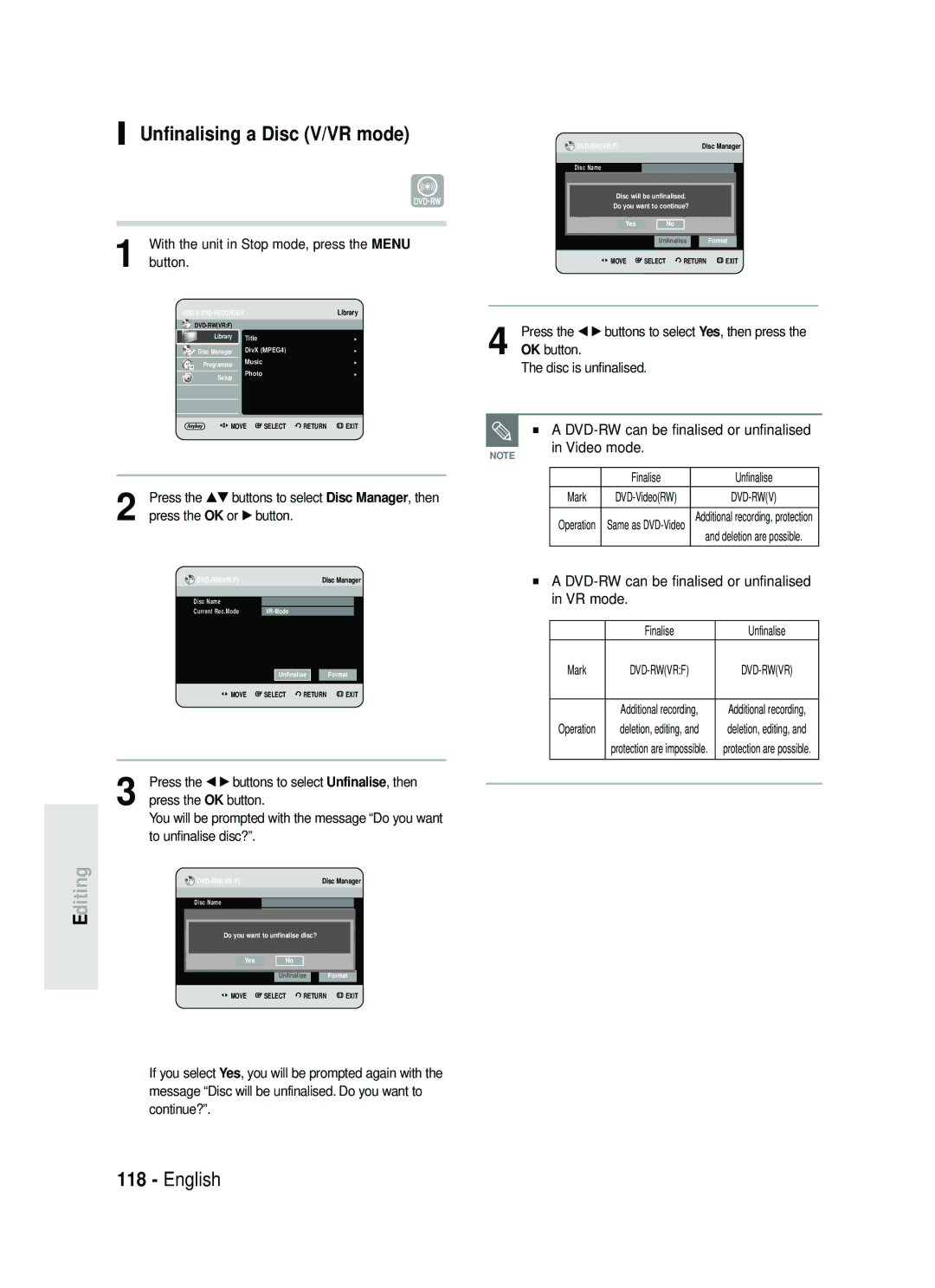 Samsung DVD-HR734/XEG, DVD-HR730/XEC manual Unfinalising a Disc V/VR mode, DVD-RW can be finalised or unfinalised Video mode 